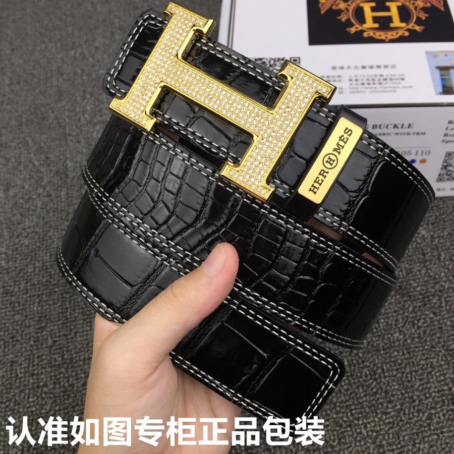 Luxury Men’s Black Crocodile Leather Belt Gold Diamond H Buckle