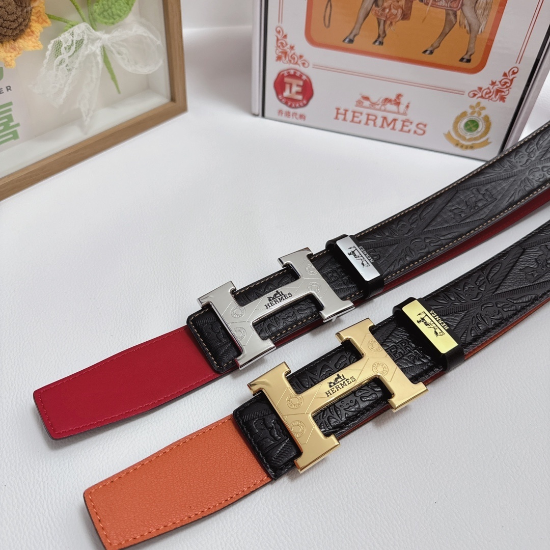 Luxury Hermès Men's Leather Belt - Gold H Buckle with Gift Box