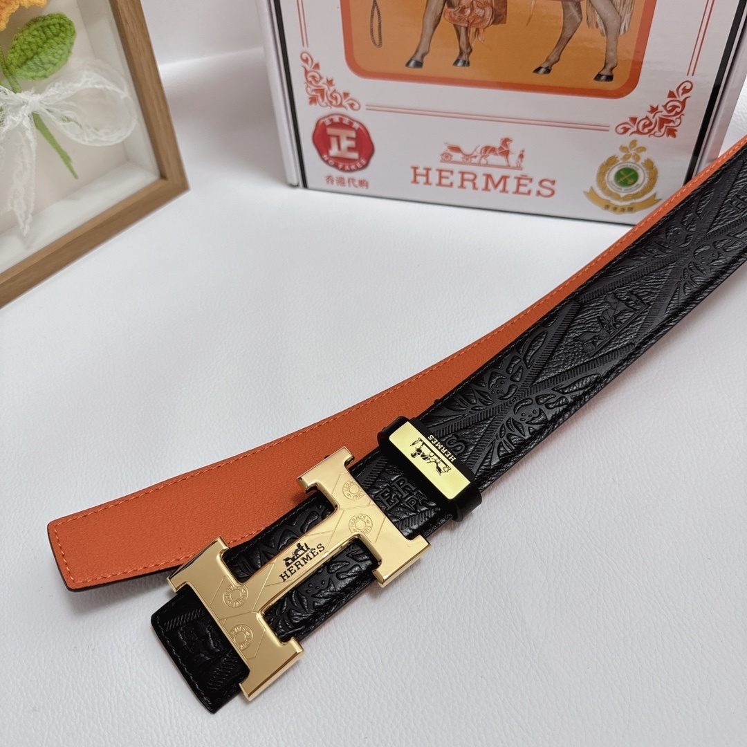 Luxury Hermès Men's Leather Belt - Gold H Buckle with Gift Box