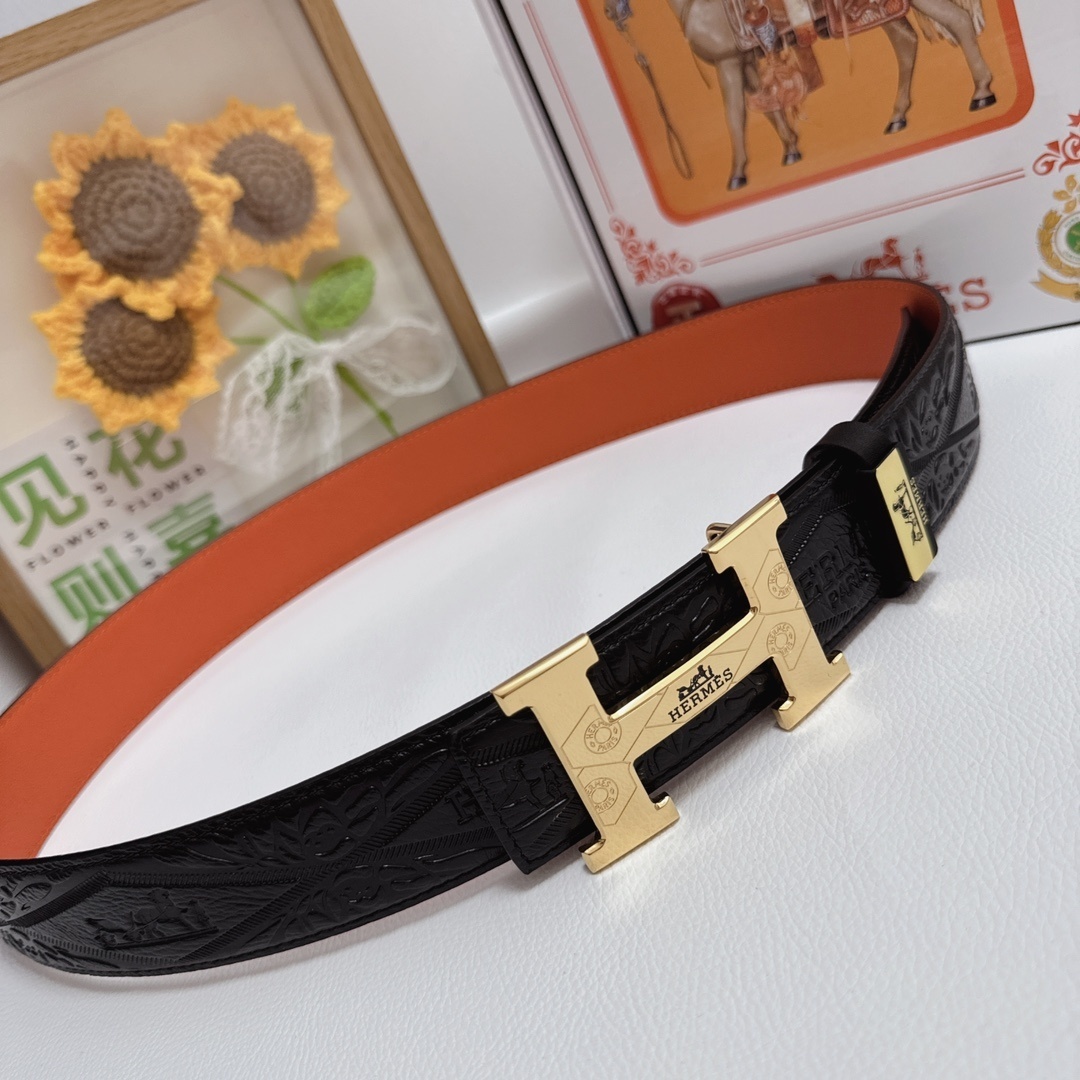 Luxury Hermès Men's Leather Belt - Gold H Buckle with Gift Box