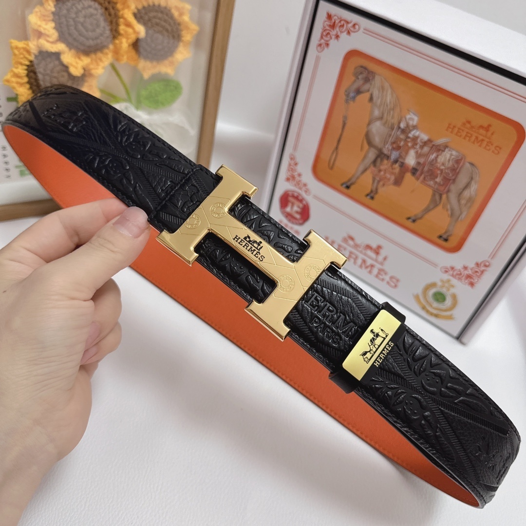 Luxury Hermès Men's Leather Belt - Gold H Buckle with Gift Box