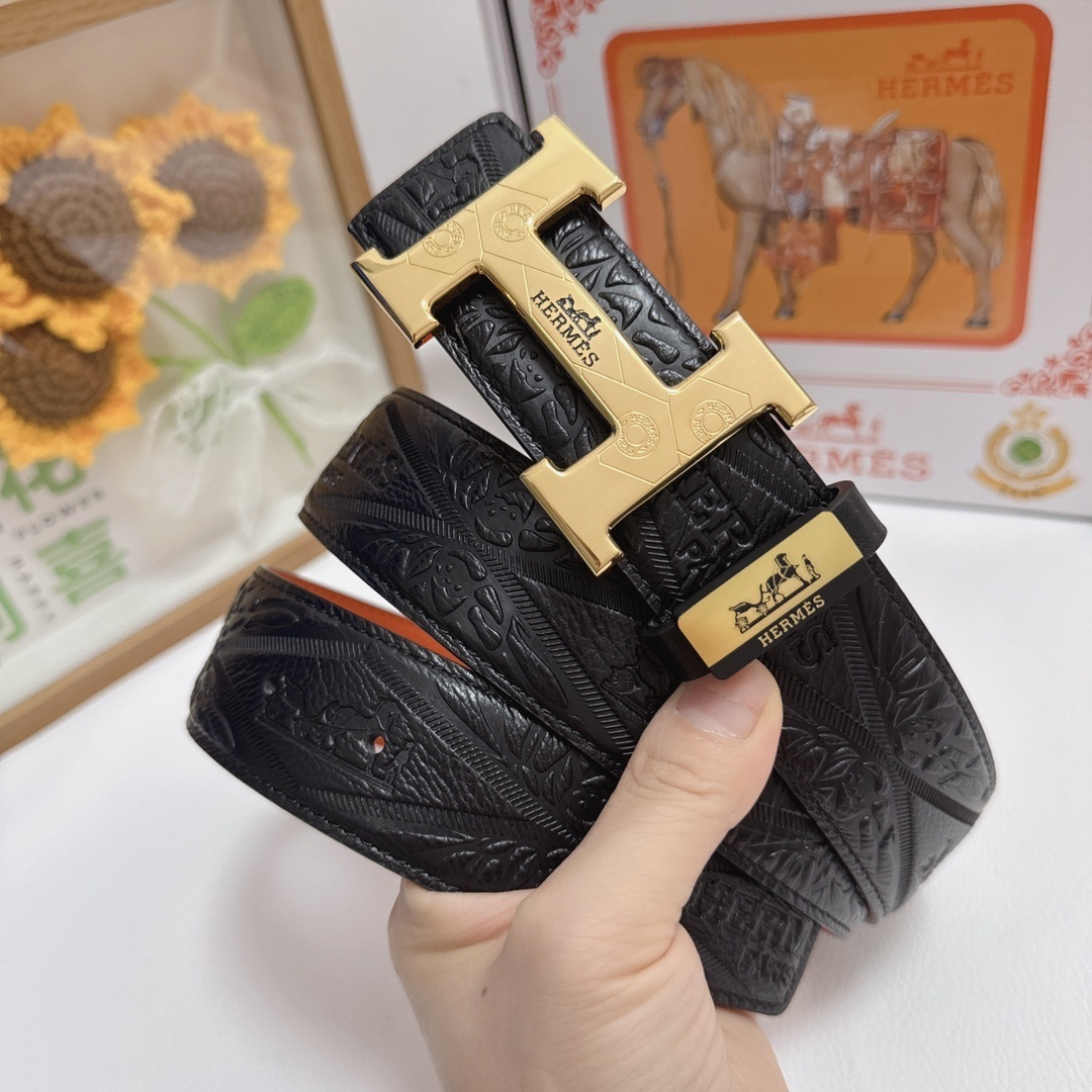 Luxury Hermès Men's Leather Belt - Gold H Buckle with Gift Box