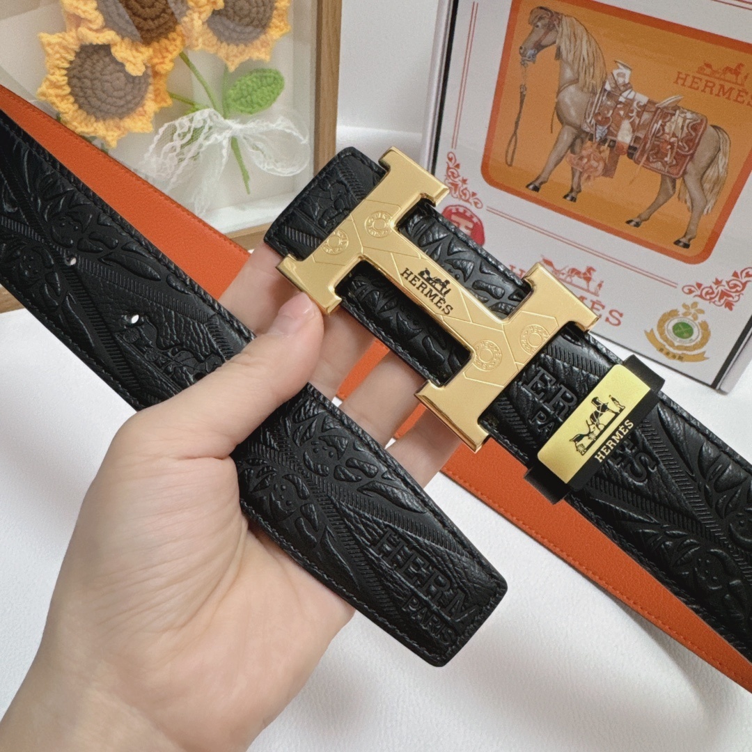 Luxury Hermès Men's Leather Belt - Gold H Buckle with Gift Box