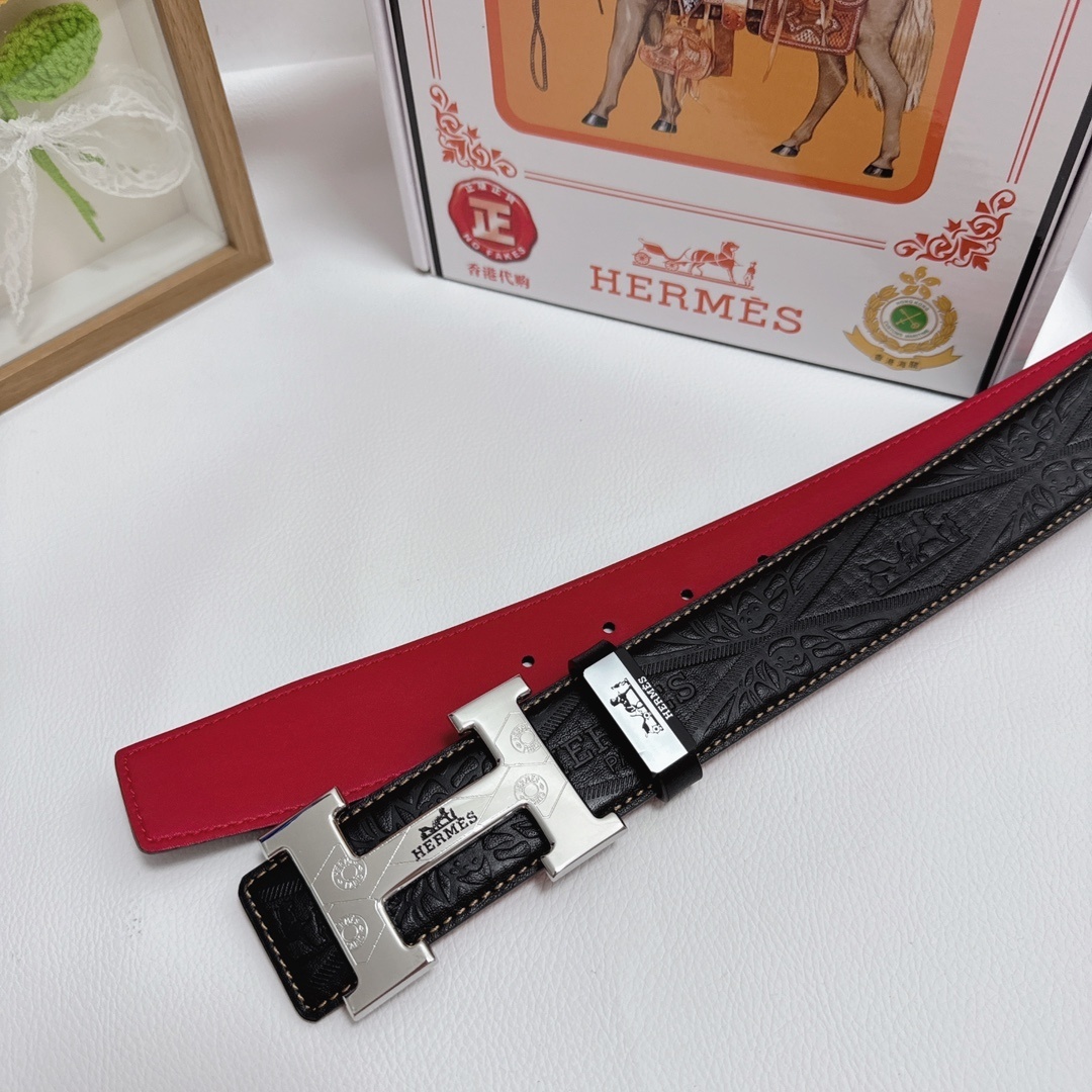 Hermes Men's Luxury Embossed Leather Belt with Silver H Buckle