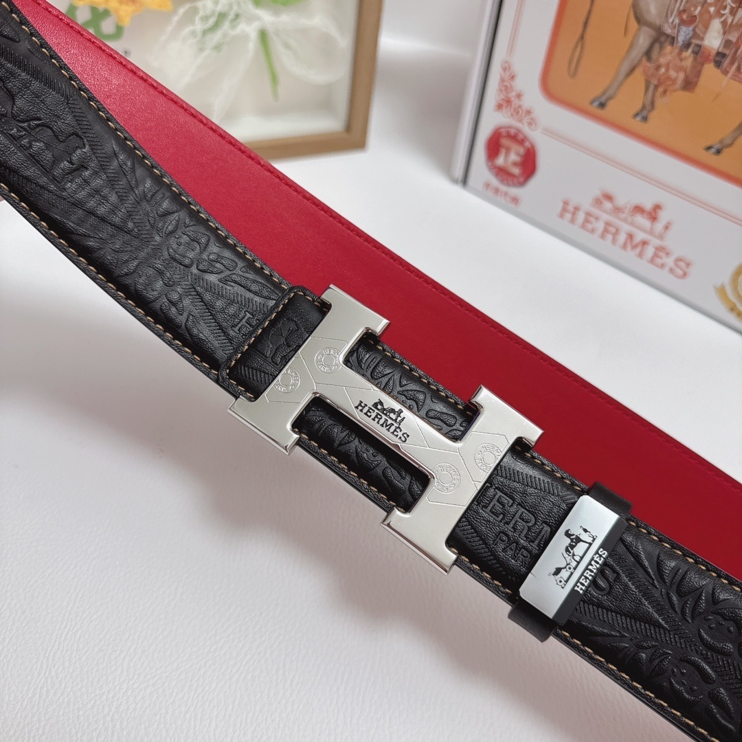 Hermes Men's Luxury Embossed Leather Belt with Silver H Buckle