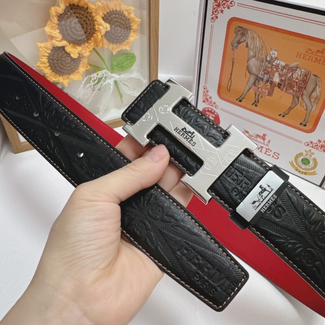 Hermes Men's Luxury Embossed Leather Belt with Silver H Buckle