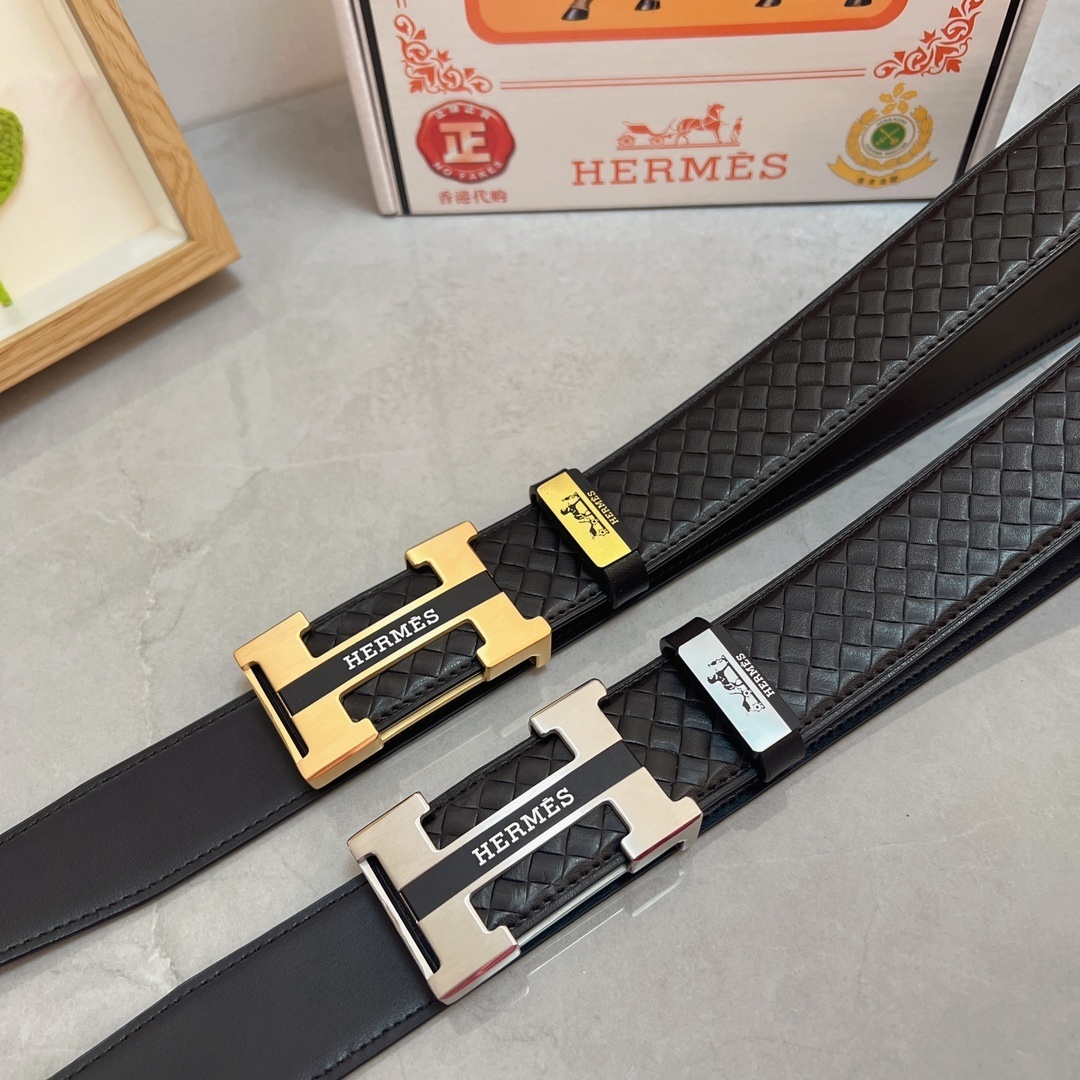Luxury Men's Black Woven Leather Belt with Iconic Silver H Buckle