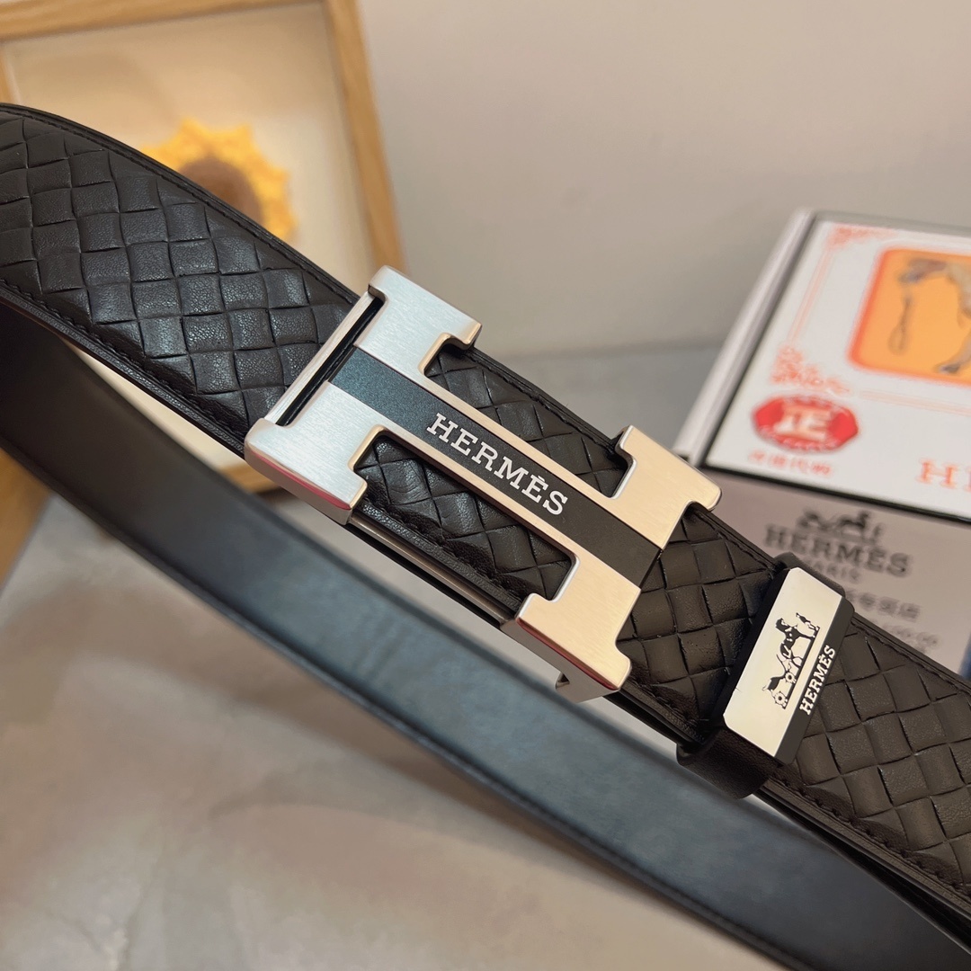 Luxury Men's Black Woven Leather Belt with Iconic Silver H Buckle