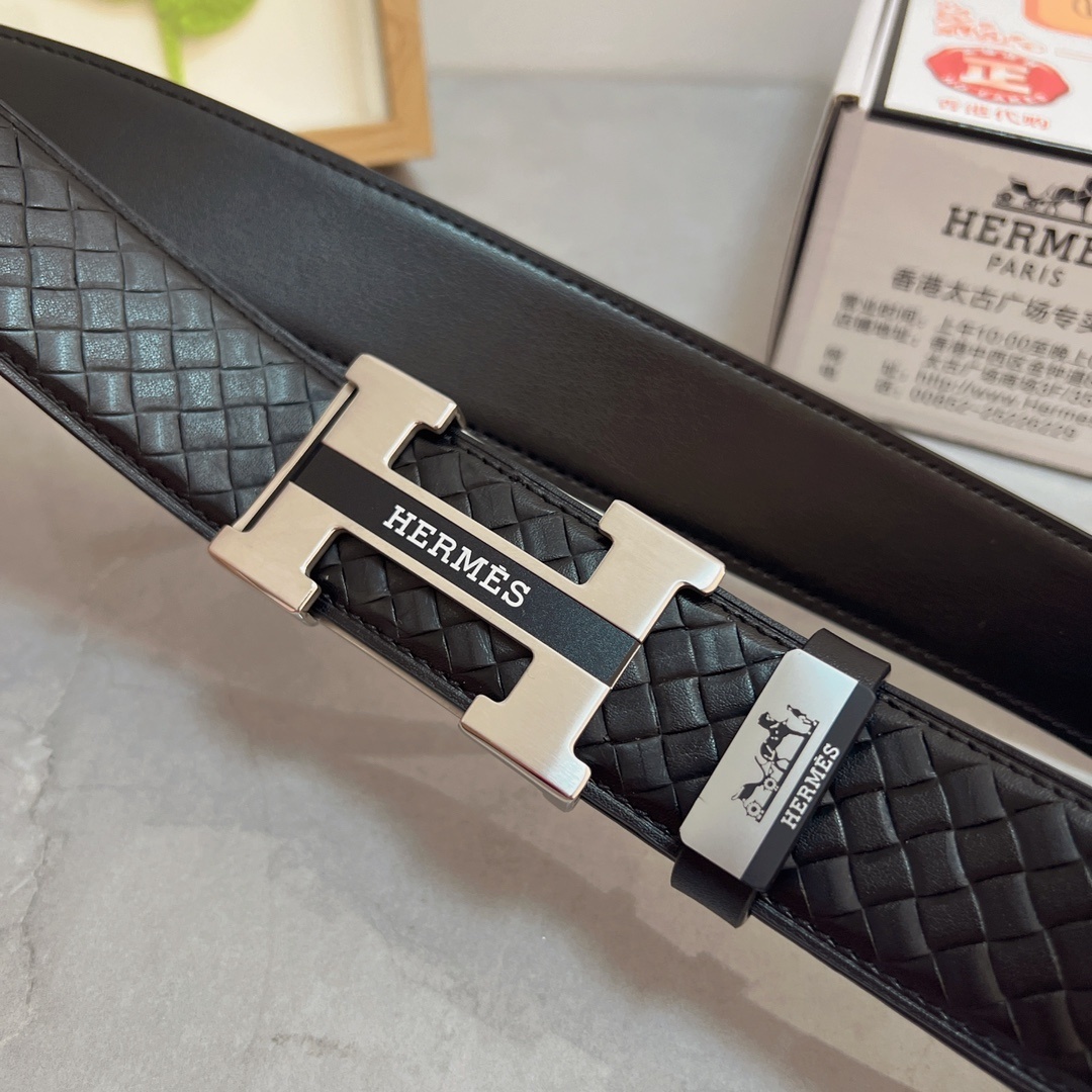 Luxury Men's Black Woven Leather Belt with Iconic Silver H Buckle