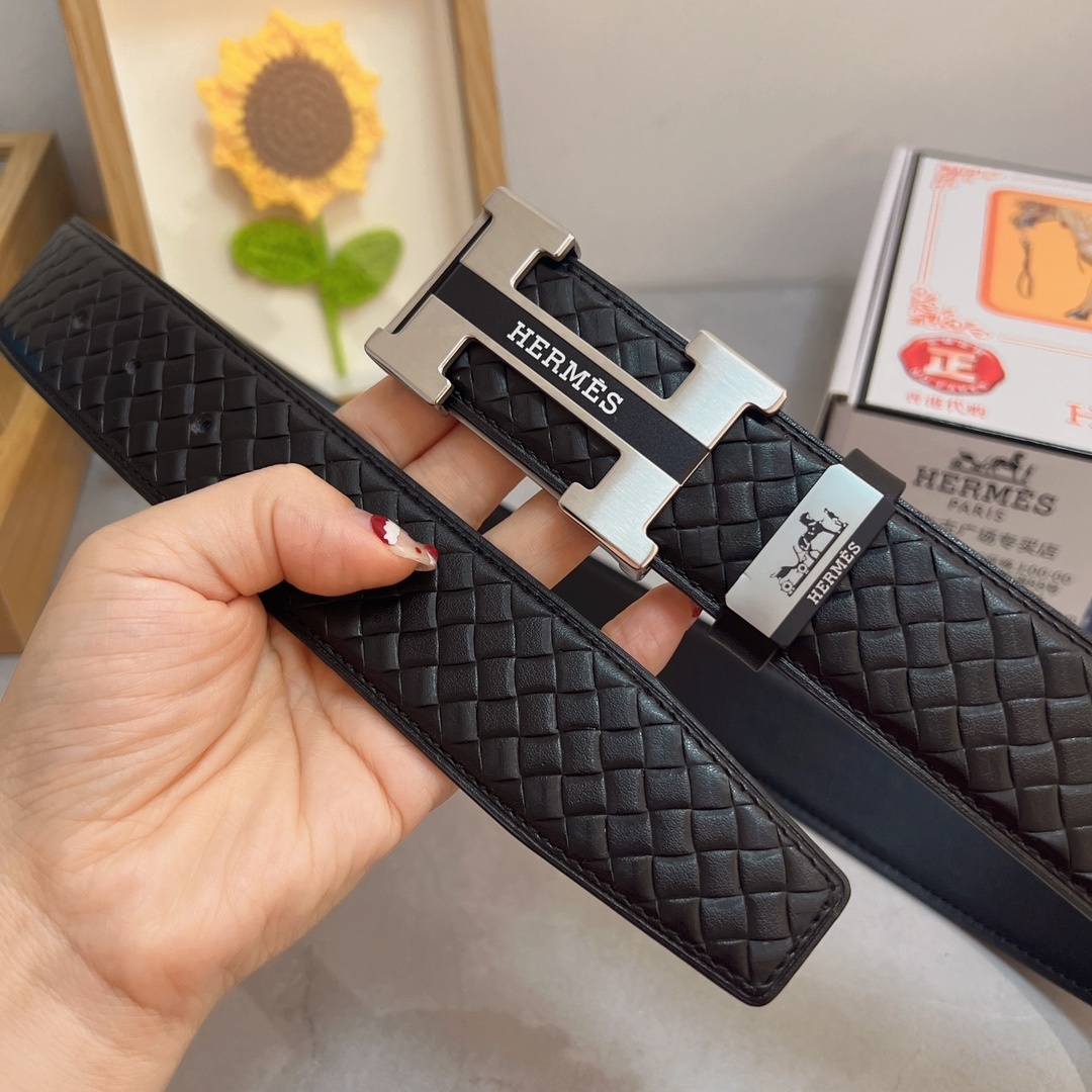 Luxury Men's Black Woven Leather Belt with Iconic Silver H Buckle