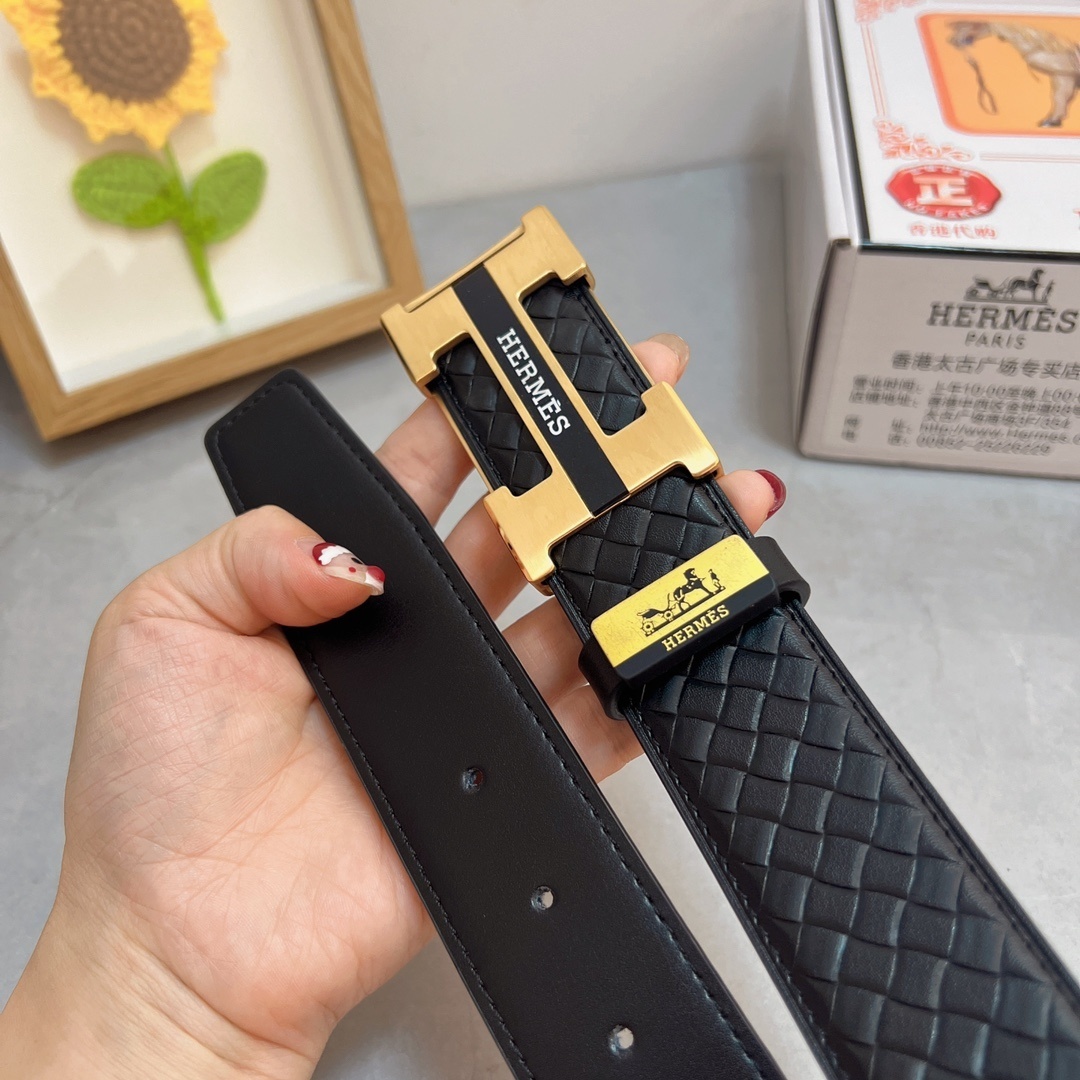 Hermès Men's Woven Leather Belt with Gold-Tone H Buckle