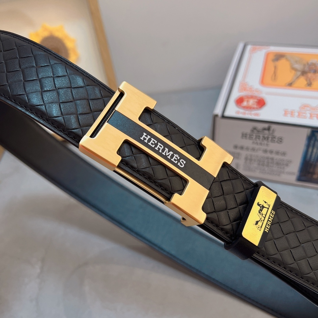 Hermès Men's Woven Leather Belt with Gold-Tone H Buckle