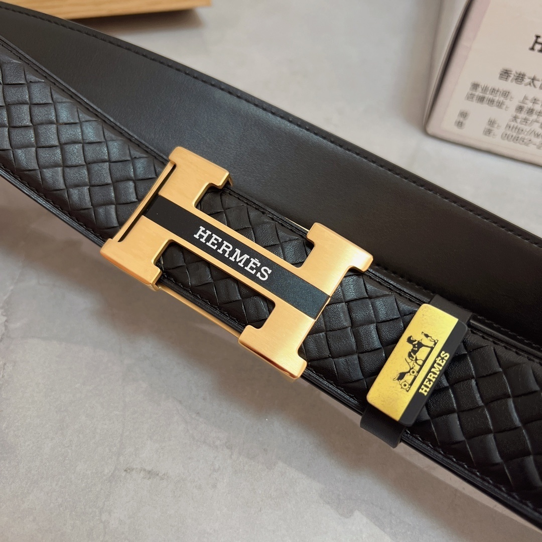 Hermès Men's Woven Leather Belt with Gold-Tone H Buckle