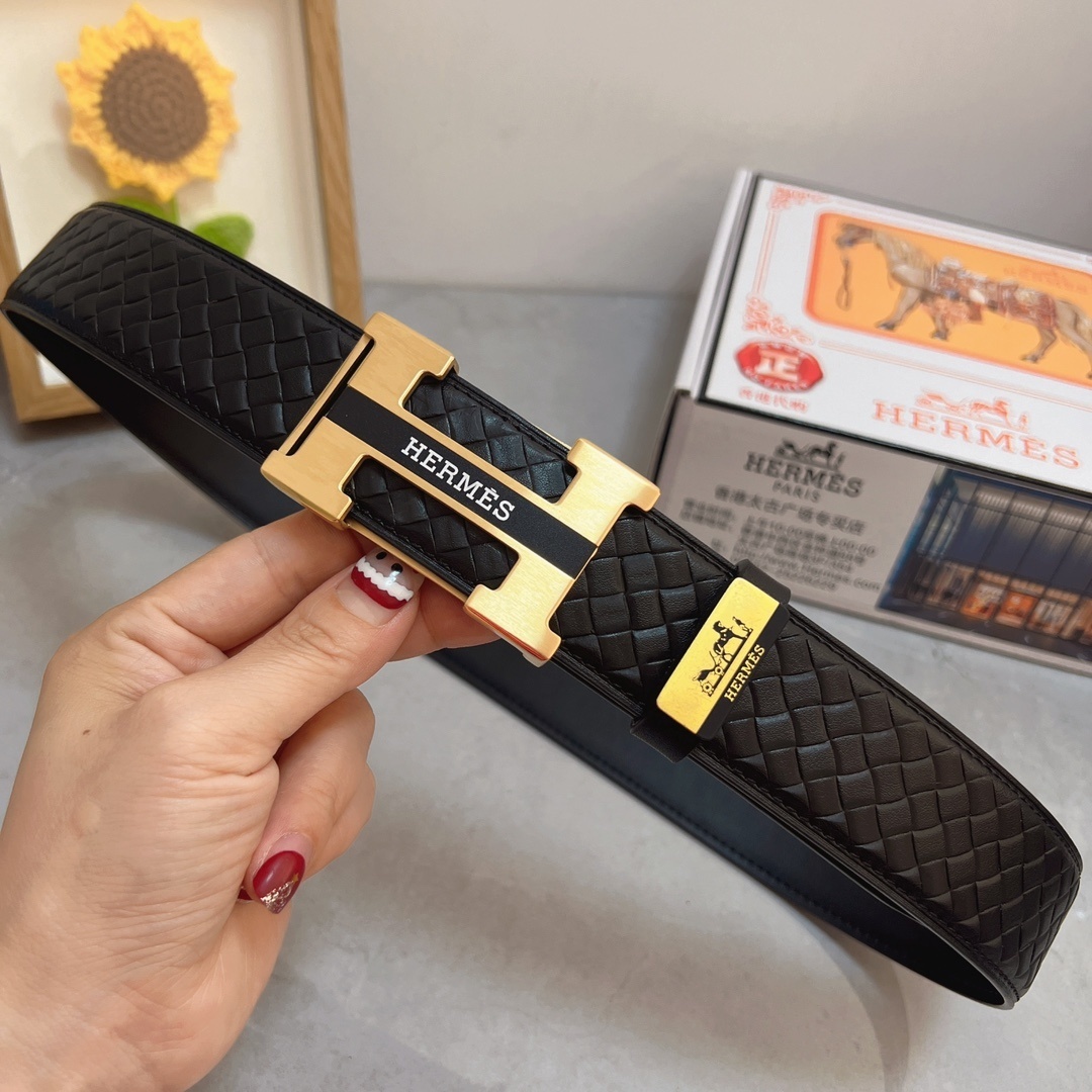 Hermès Men's Woven Leather Belt with Gold-Tone H Buckle