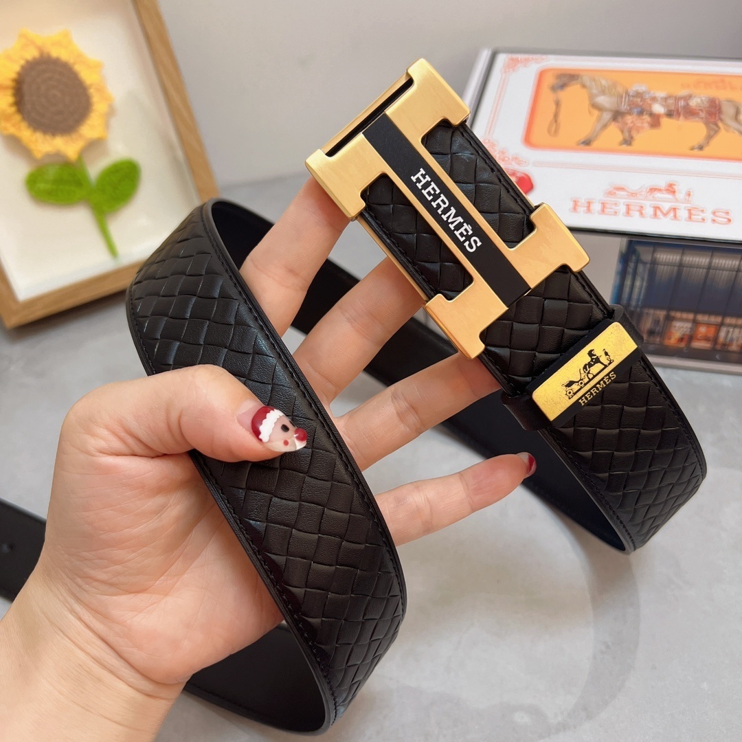 Hermès Men's Woven Leather Belt with Gold-Tone H Buckle