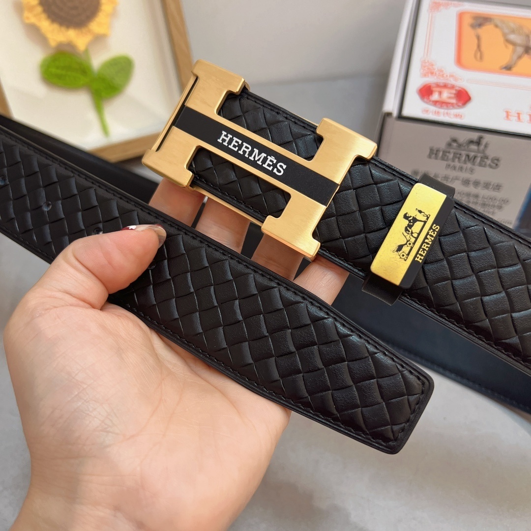 Hermès Men's Woven Leather Belt with Gold-Tone H Buckle