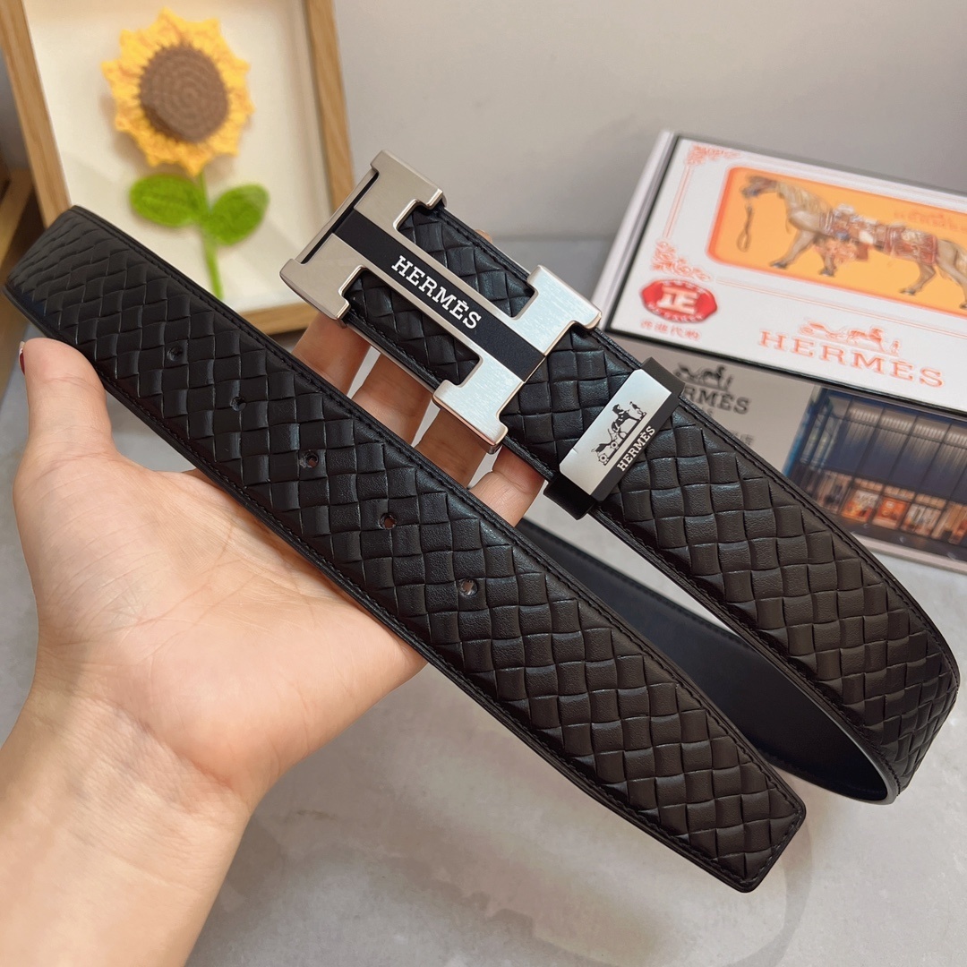 Hermès Men's Luxury Woven Leather Belt with Iconic H Buckle