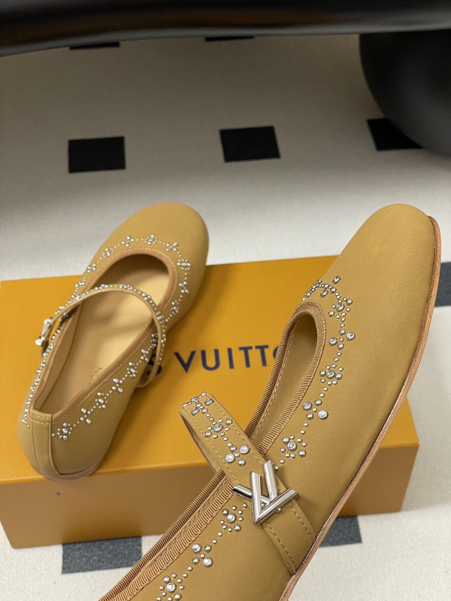 Elegant Crystal Embellished Mary Jane Flats - Mustard Yellow