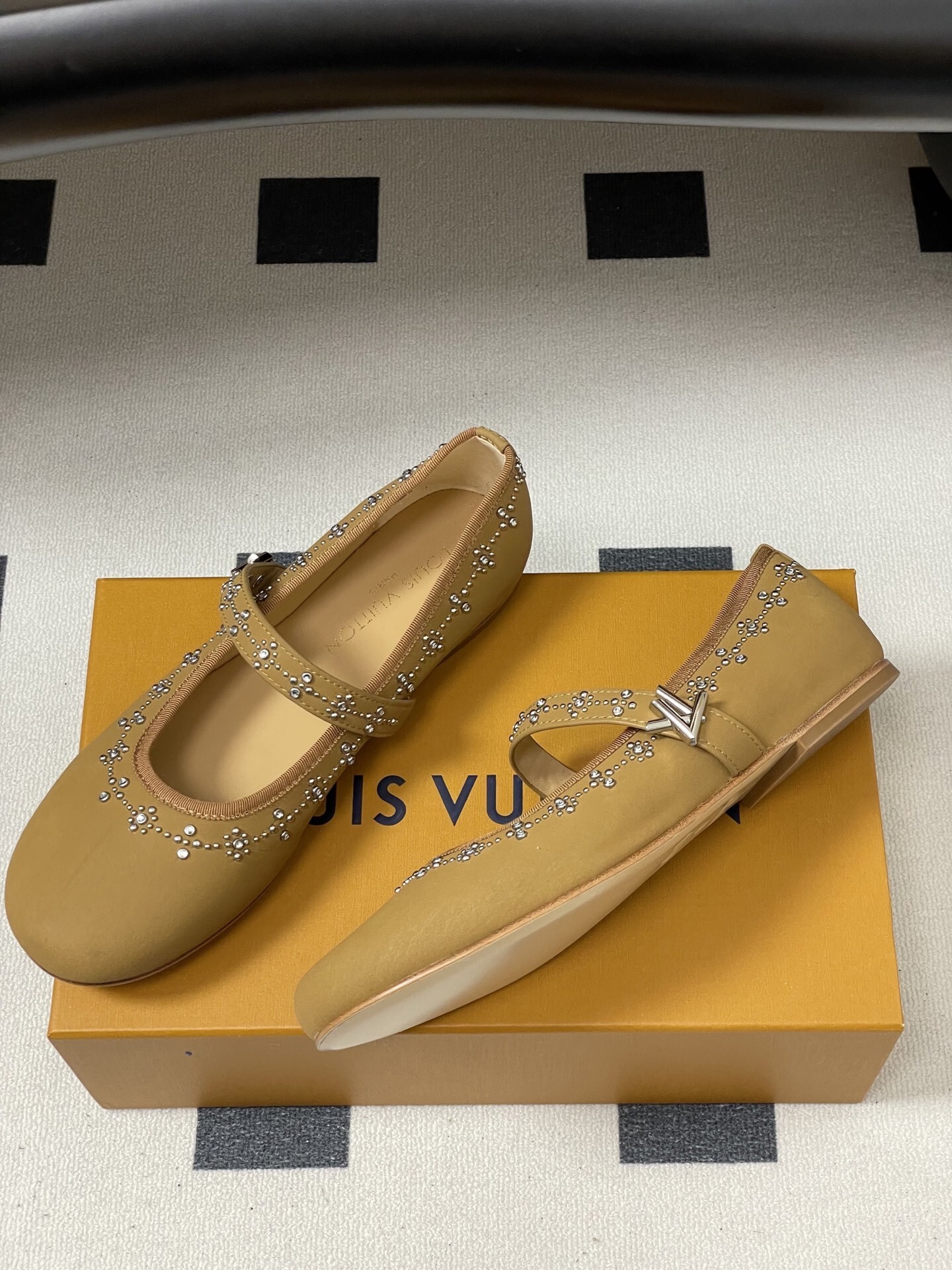 Elegant Crystal Embellished Mary Jane Flats - Mustard Yellow