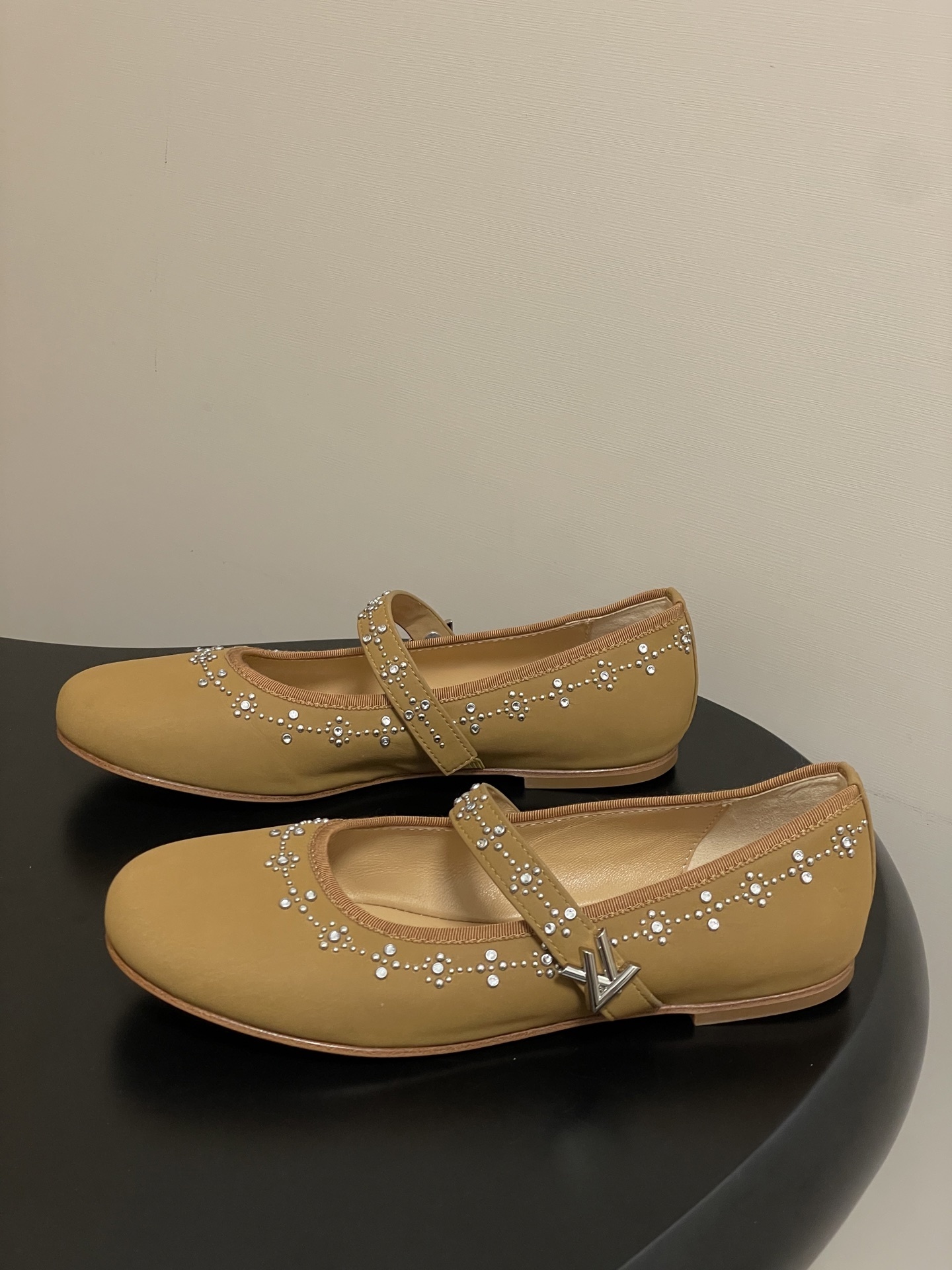 Elegant Crystal Embellished Mary Jane Flats - Mustard Yellow