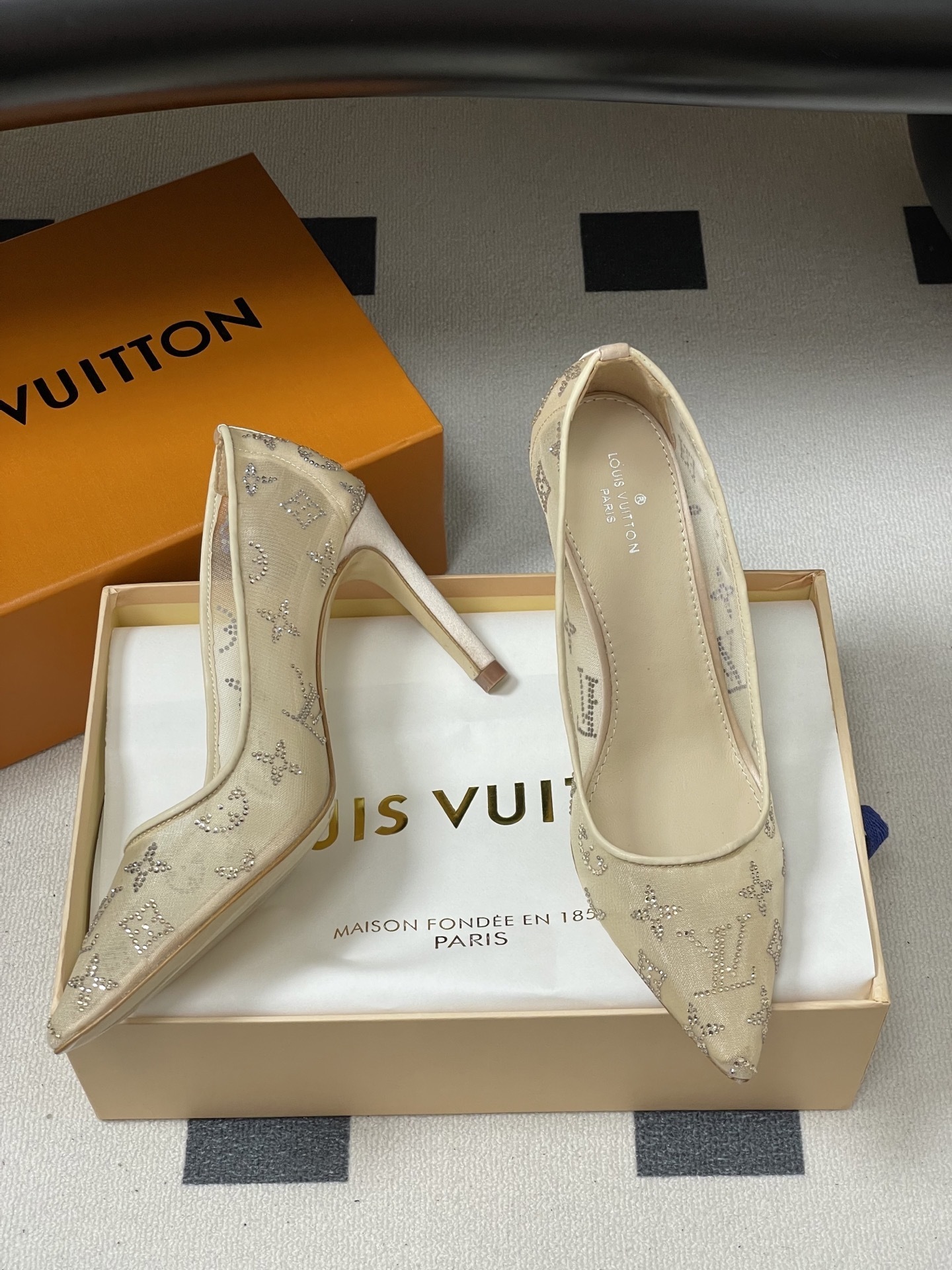Luxury Crystal Monogram Mesh Pointed Toe Pumps - Elegant Nude