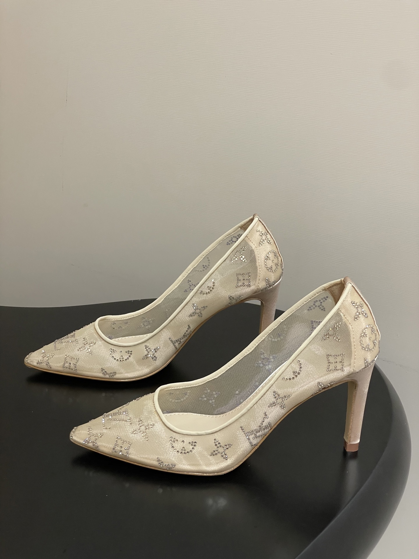 Luxury Crystal Monogram Mesh Pointed Toe Pumps - Elegant Nude