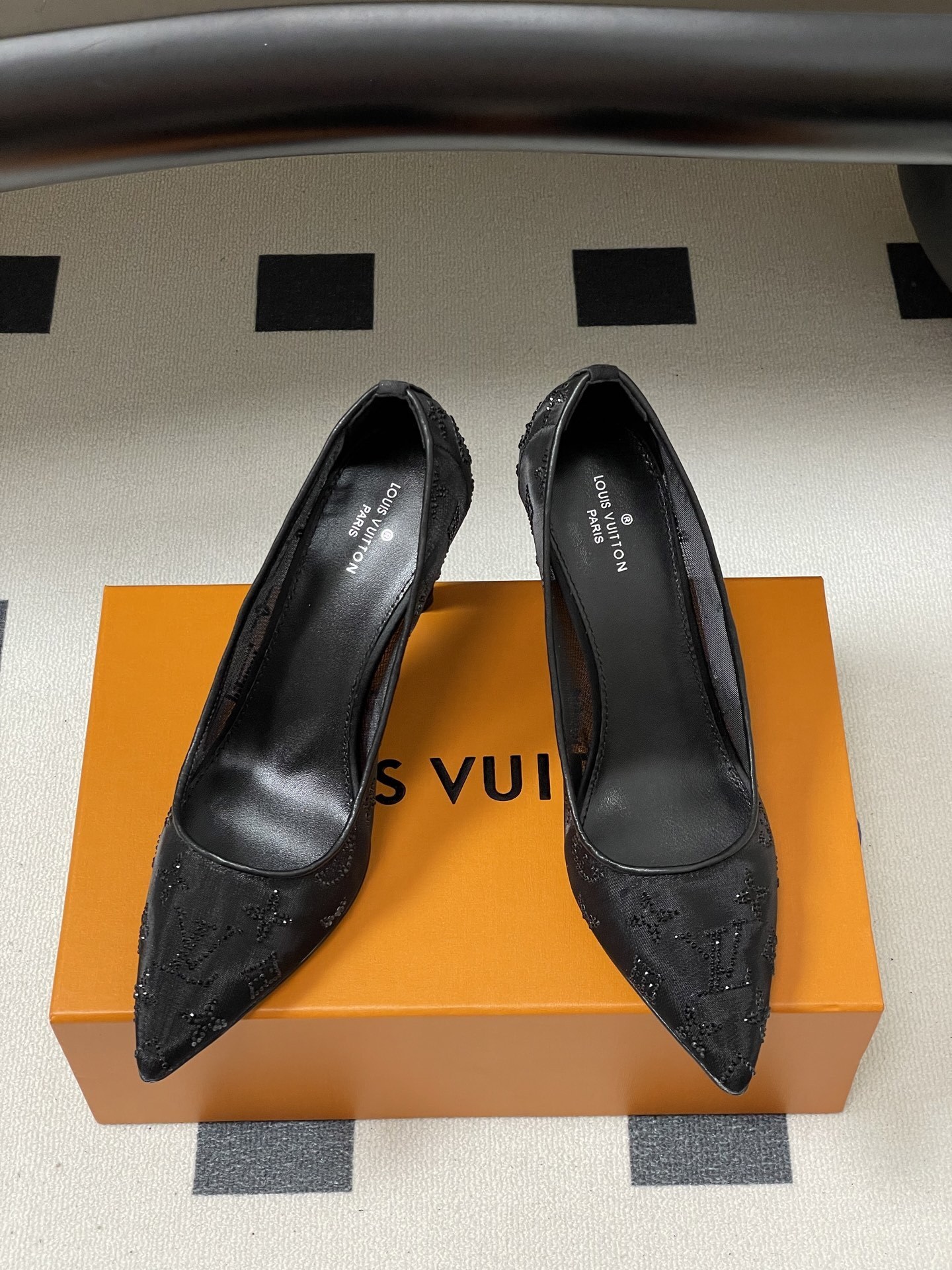 Black Mesh Crystal Embellished Pointed Toe High Heel Pumps