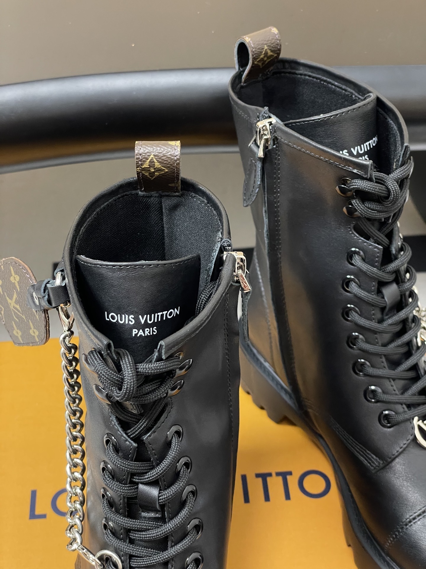 Louis Vuitton Women's Black Leather Combat Boots with Monogram