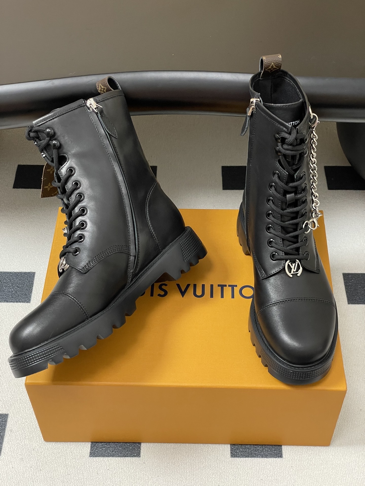 Louis Vuitton Women's Black Leather Combat Boots with Monogram