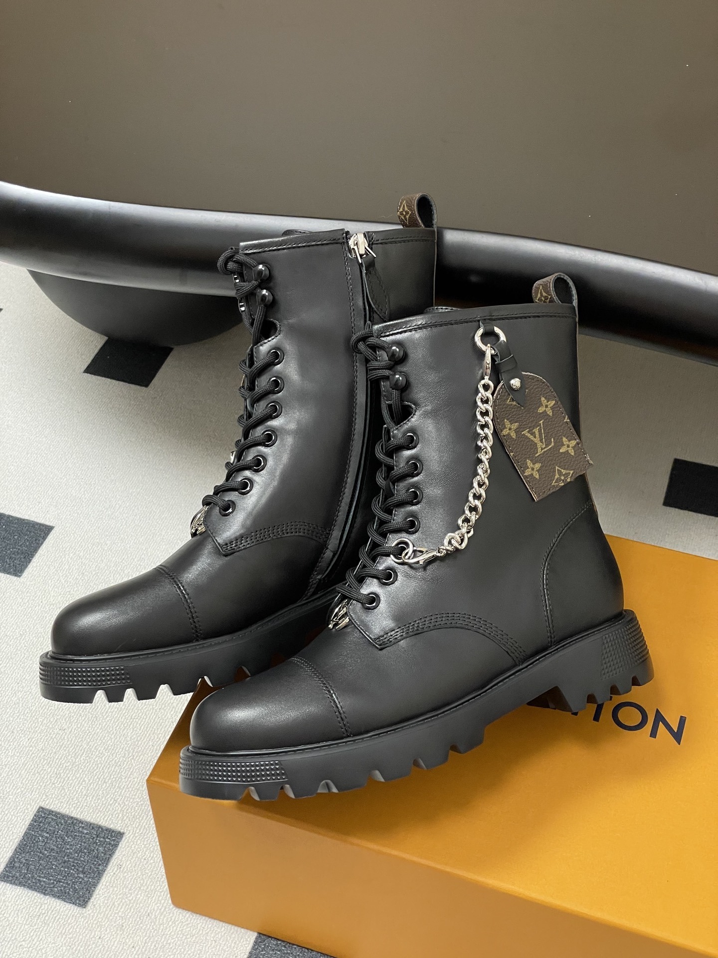 Louis Vuitton Women's Black Leather Combat Boots with Monogram
