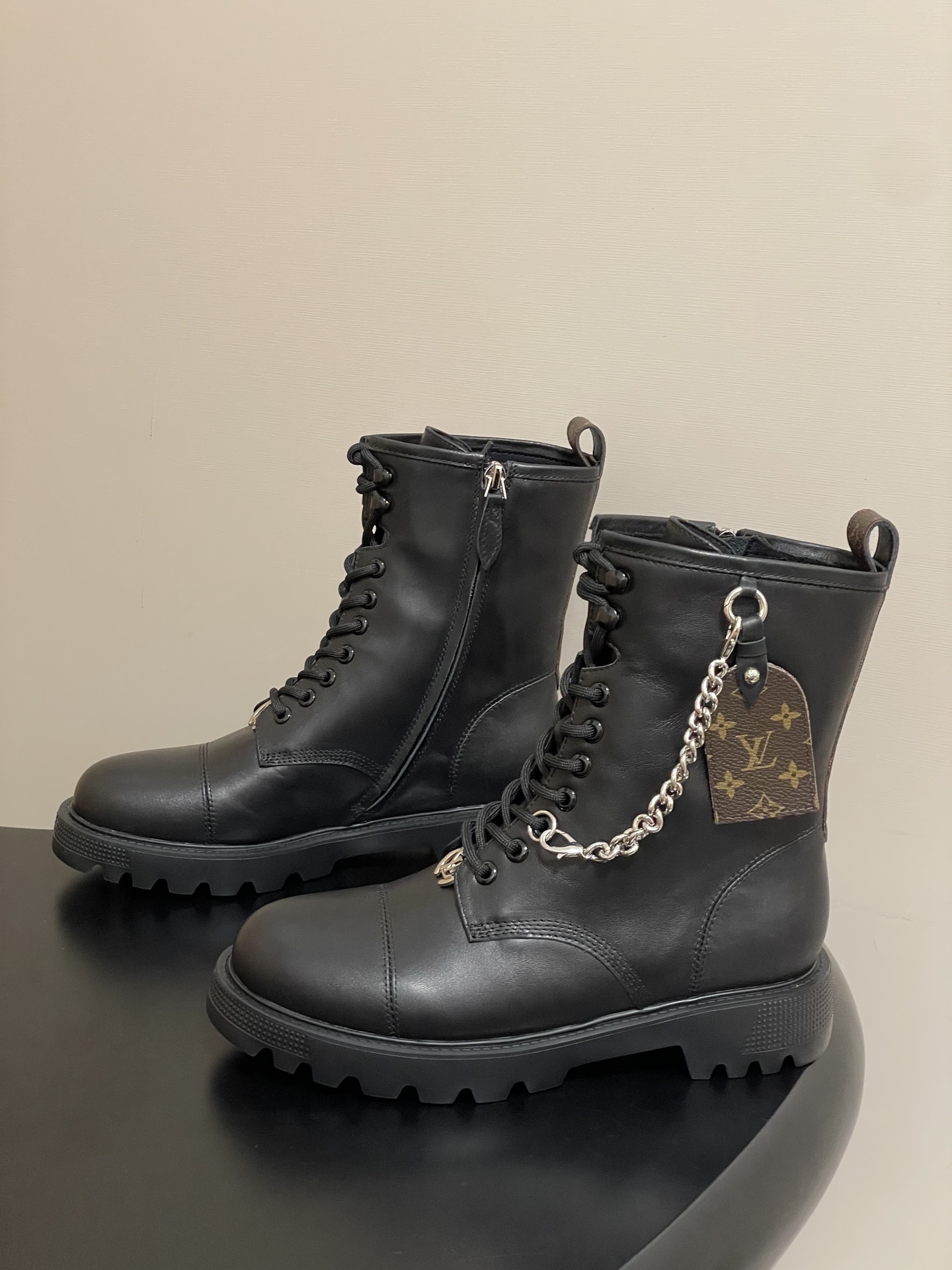 Louis Vuitton Women's Black Leather Combat Boots with Monogram