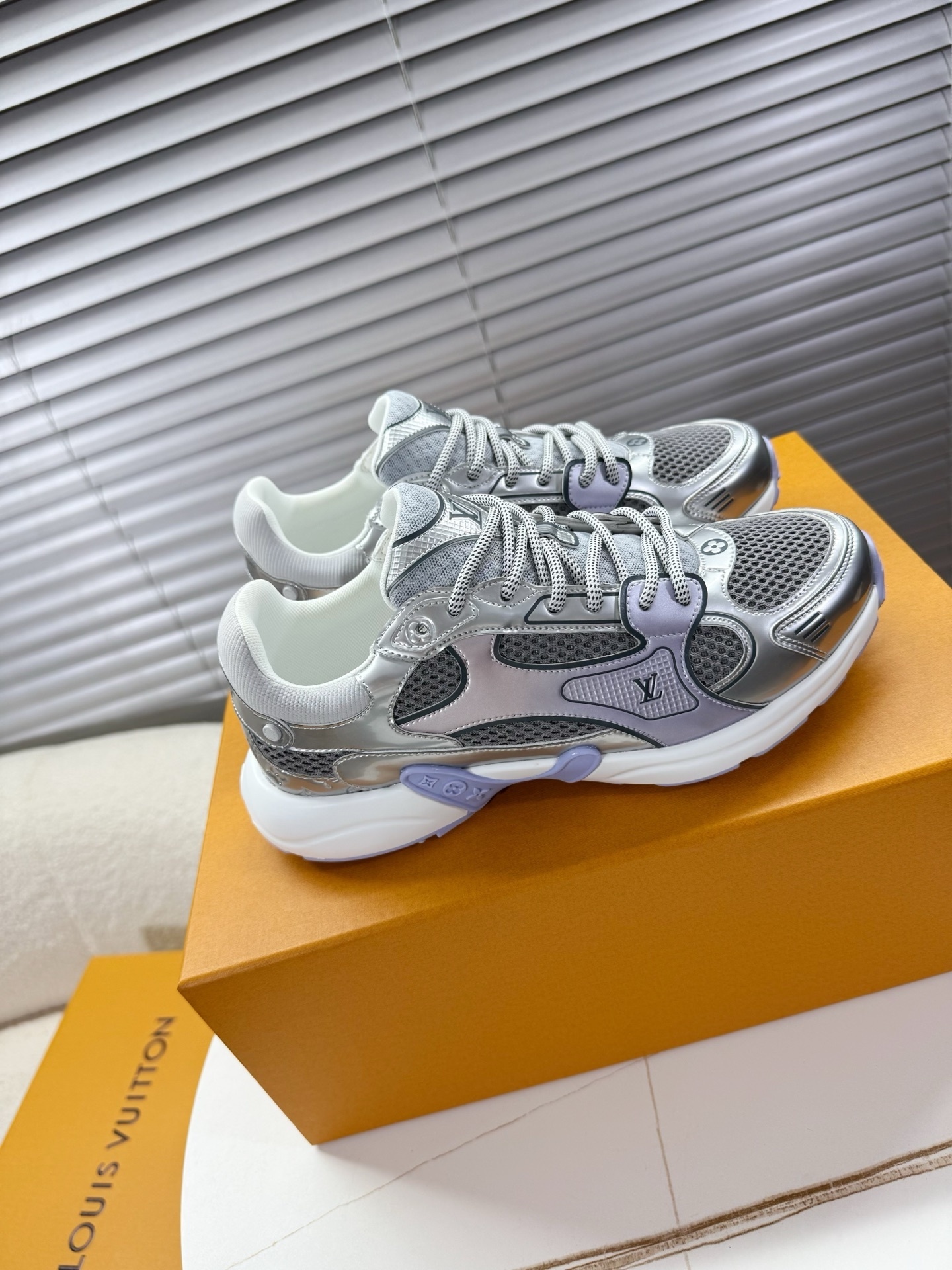 Louis Vuitton Metallic Silver and Lavender Mesh Runner Sneakers