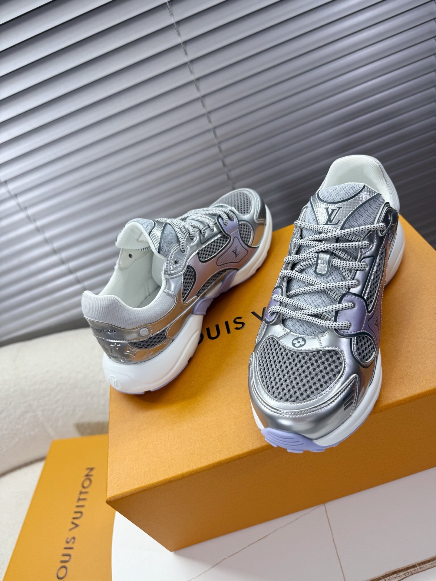 Louis Vuitton Metallic Silver and Lavender Mesh Runner Sneakers