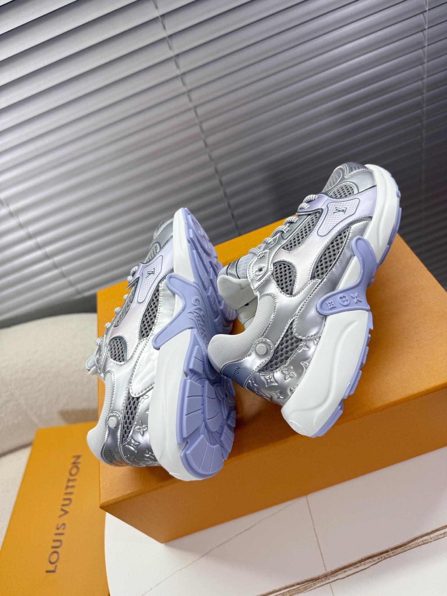 Louis Vuitton Metallic Silver and Lavender Mesh Runner Sneakers