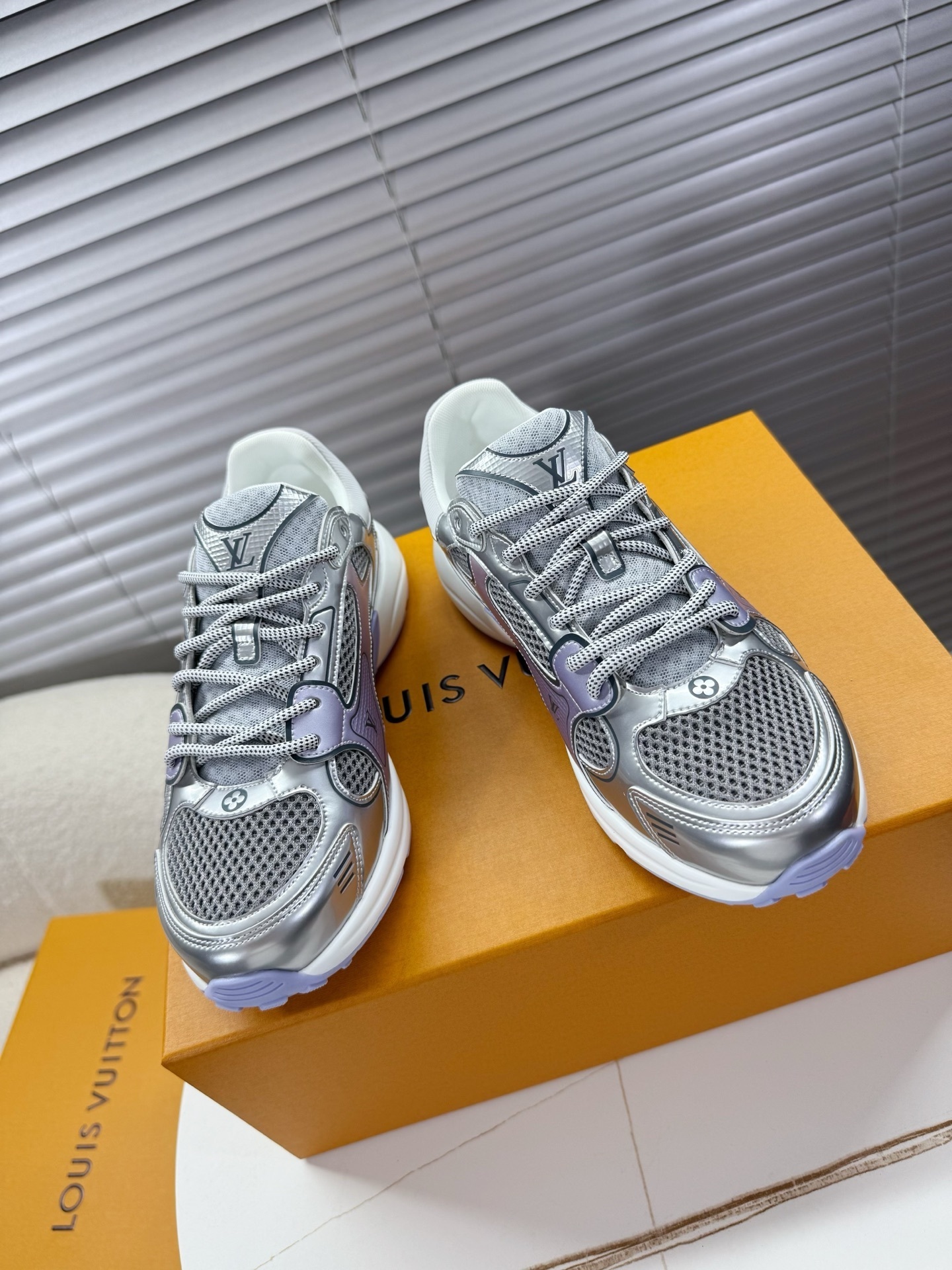 Louis Vuitton Metallic Silver and Lavender Mesh Runner Sneakers