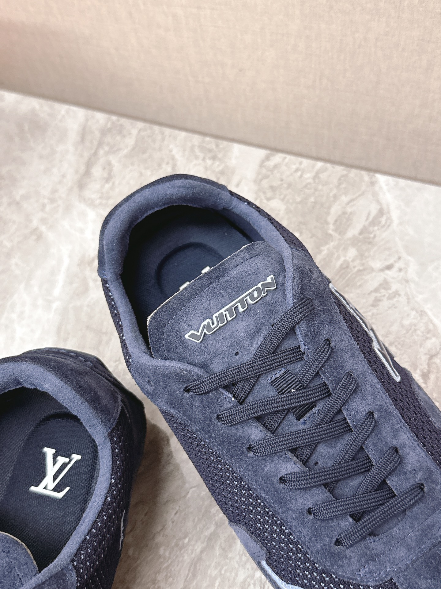 Louis Vuitton Men's Navy Blue Mesh and Suede Sneakers - Luxury Shoes
