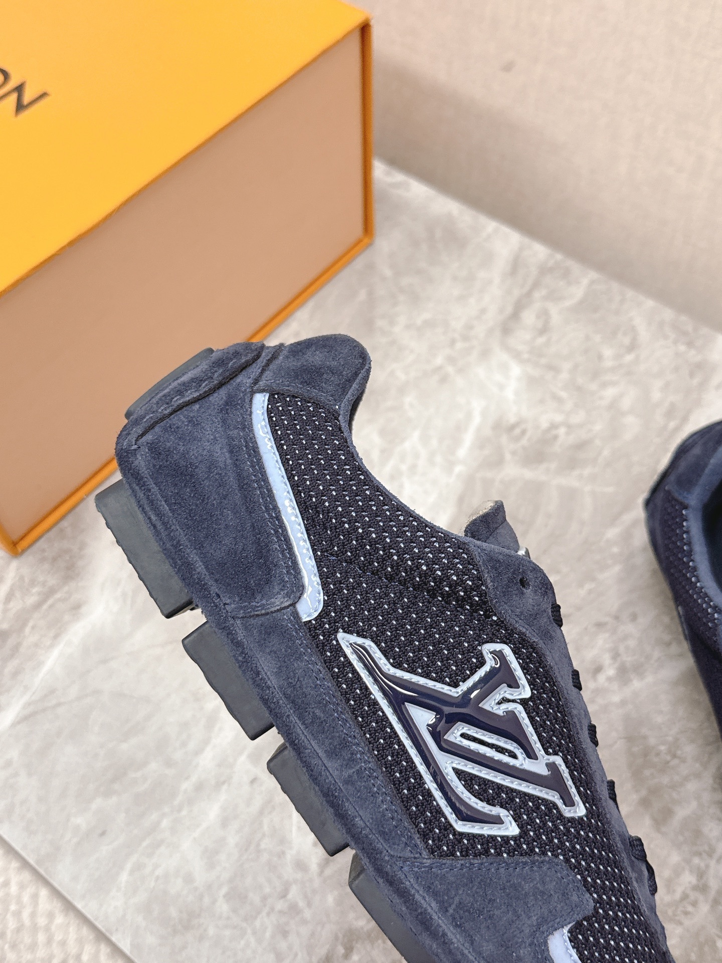 Louis Vuitton Men's Navy Blue Mesh and Suede Sneakers - Luxury Shoes