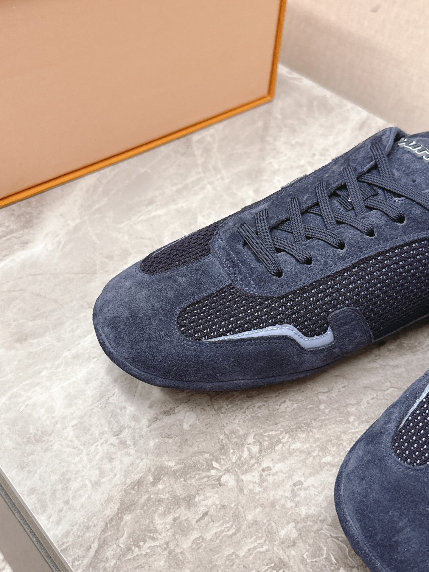 Louis Vuitton Men's Navy Blue Mesh and Suede Sneakers - Luxury Shoes