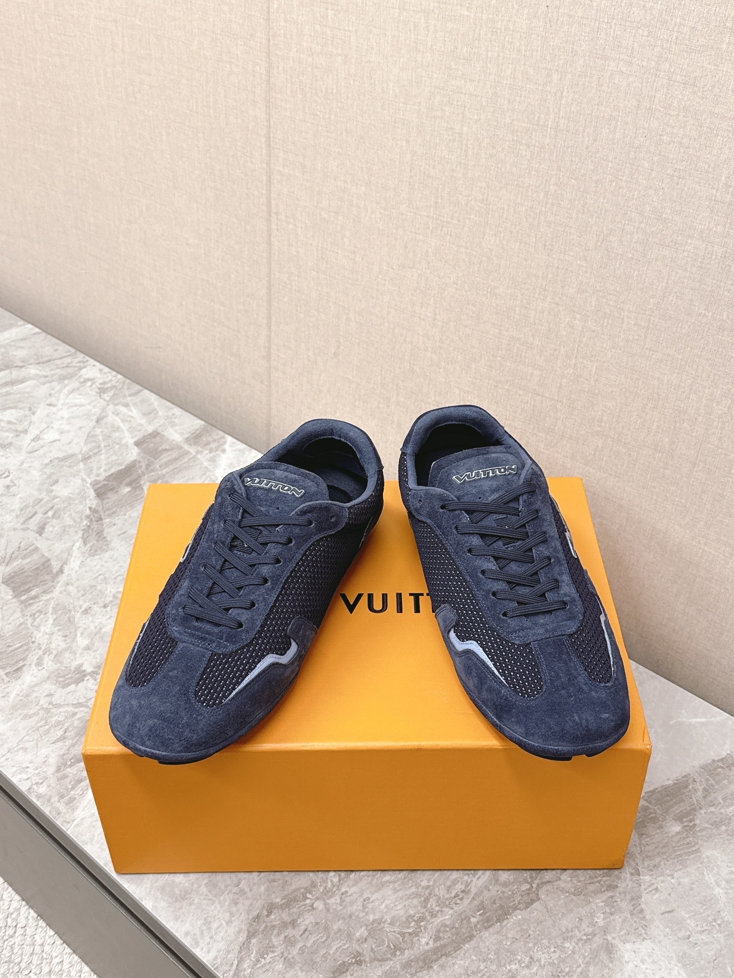 Louis Vuitton Men's Navy Blue Mesh and Suede Sneakers - Luxury Shoes