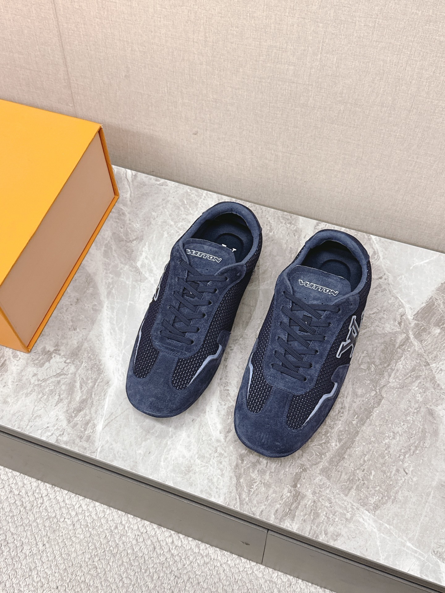Louis Vuitton Men's Navy Blue Mesh and Suede Sneakers - Luxury Shoes