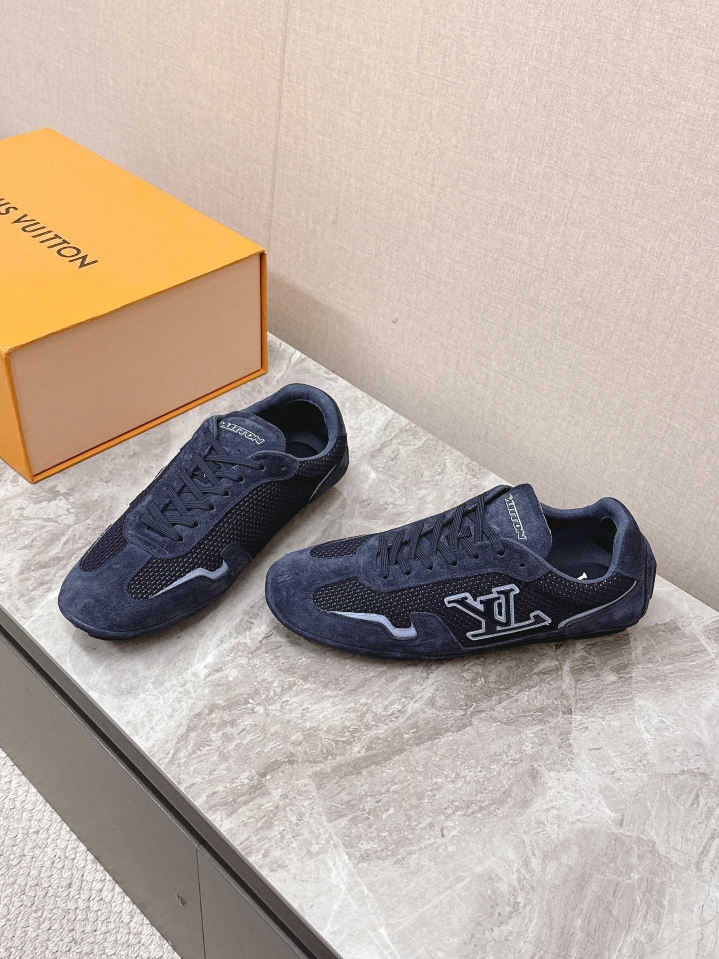 Louis Vuitton Men's Navy Blue Mesh and Suede Sneakers - Luxury Shoes