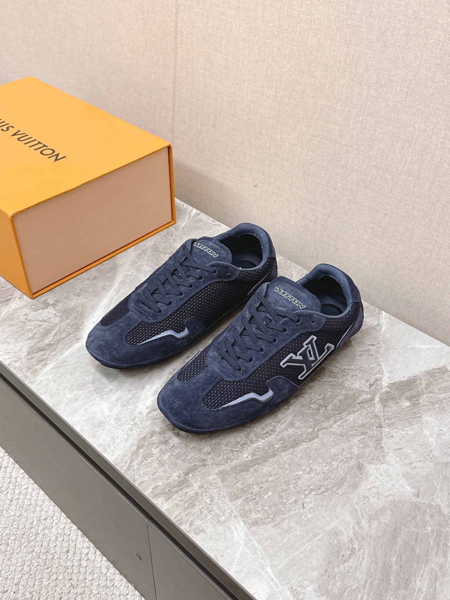 Louis Vuitton Men’s Navy Blue Mesh and Suede Sneakers – Luxury Shoes