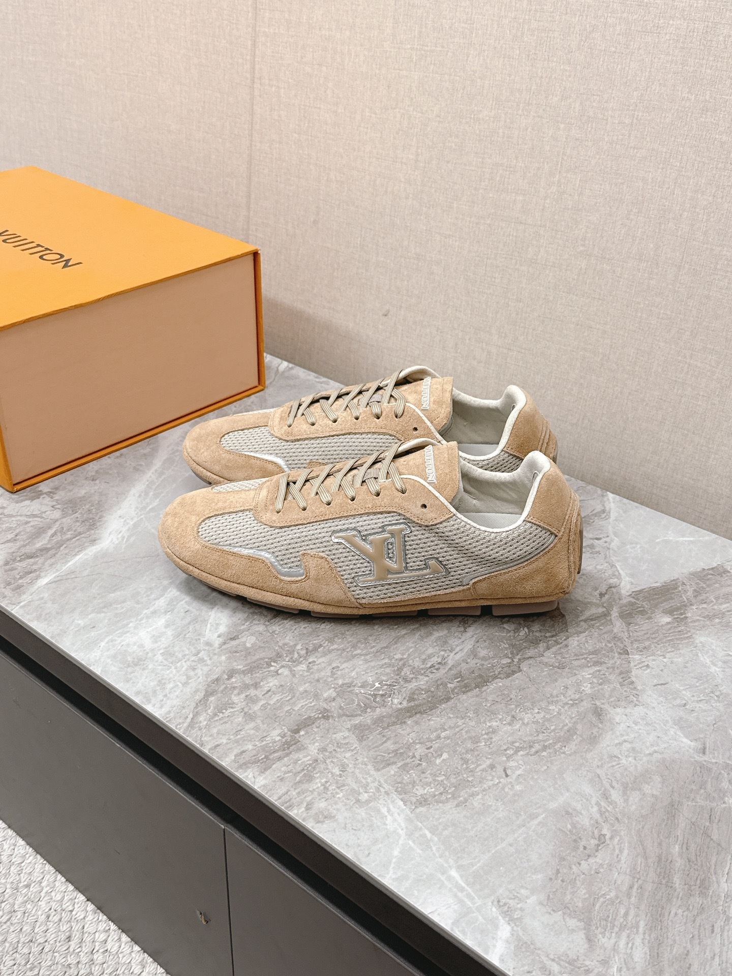 Louis Vuitton Beige Mesh & Suede Luxury Sneakers for Men