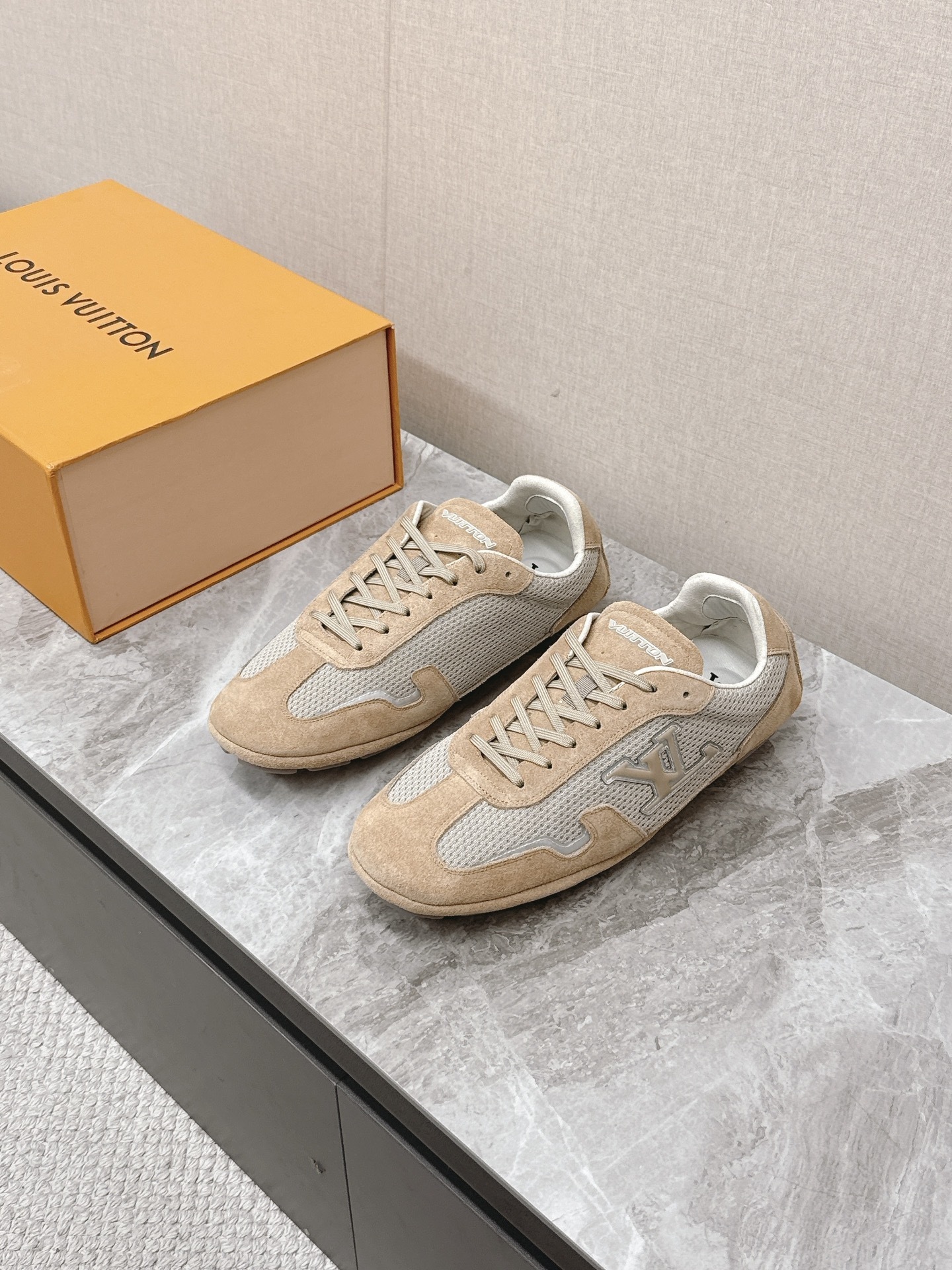 Louis Vuitton Beige Mesh & Suede Luxury Sneakers for Men