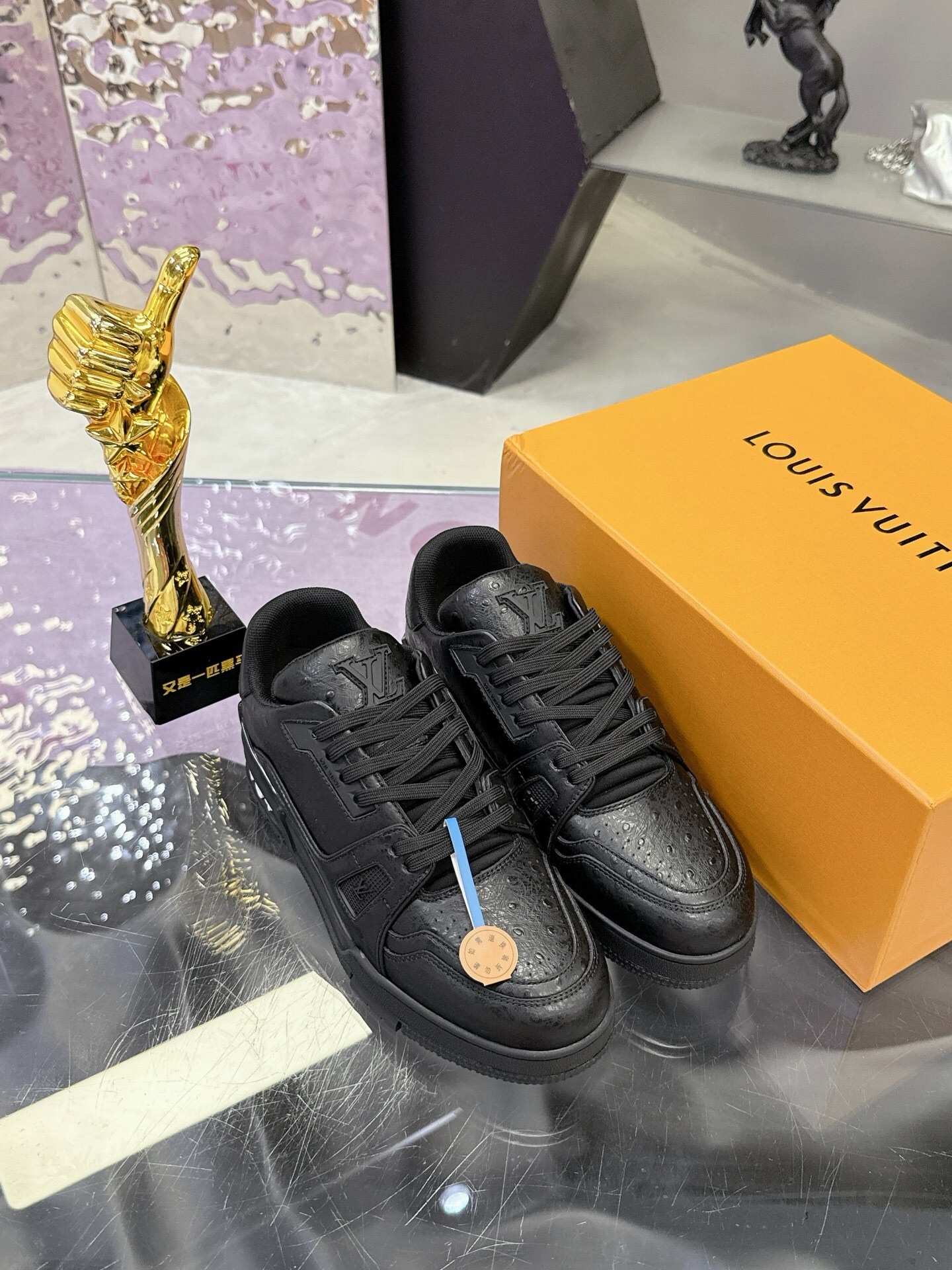 Louis Vuitton LV Trainer Sneakers Black Ostrich Leather