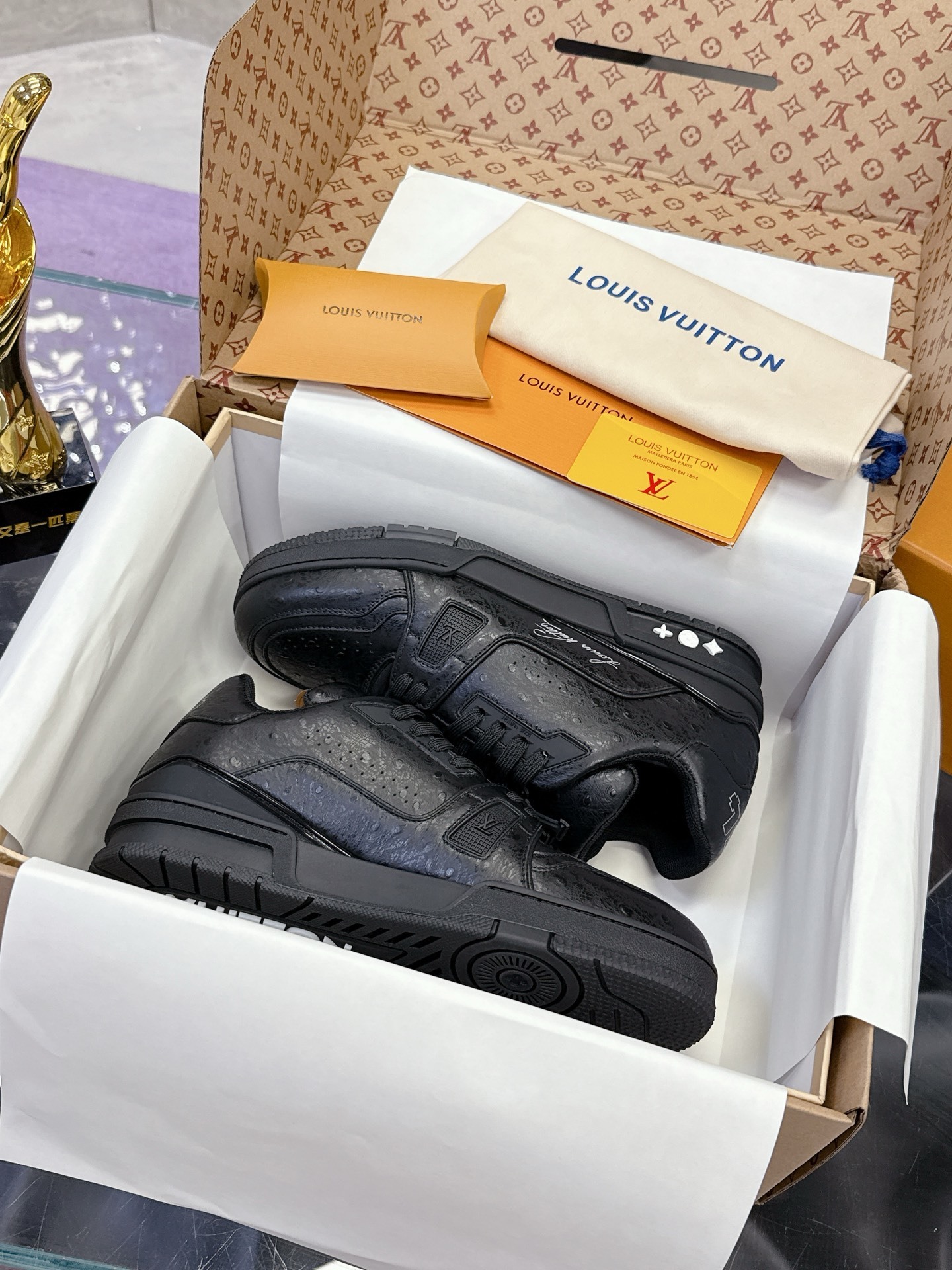 Louis Vuitton LV Trainer Sneakers Black Ostrich Leather