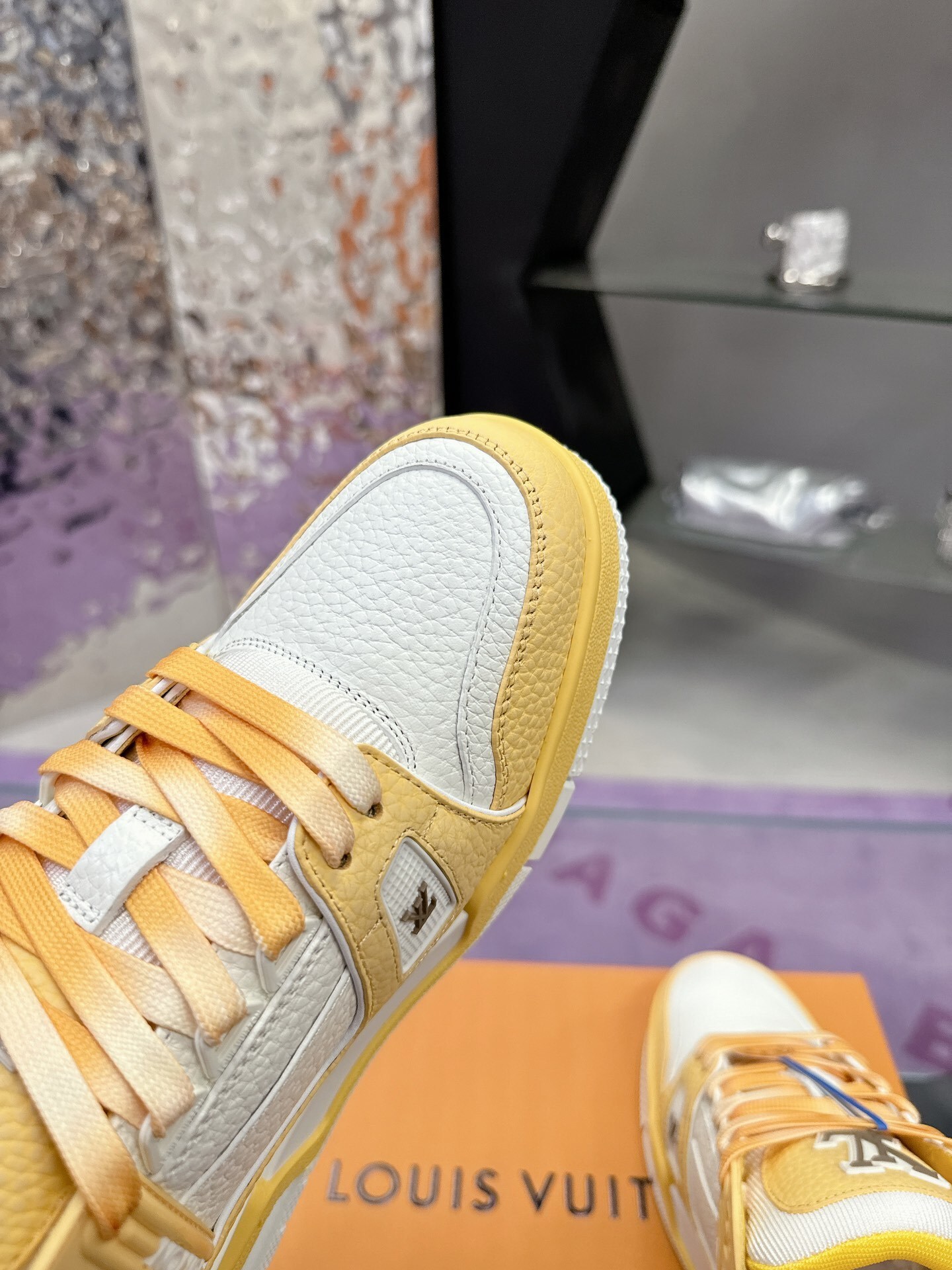 Louis Vuitton LV Trainer Sneaker Yellow White Grained Leather