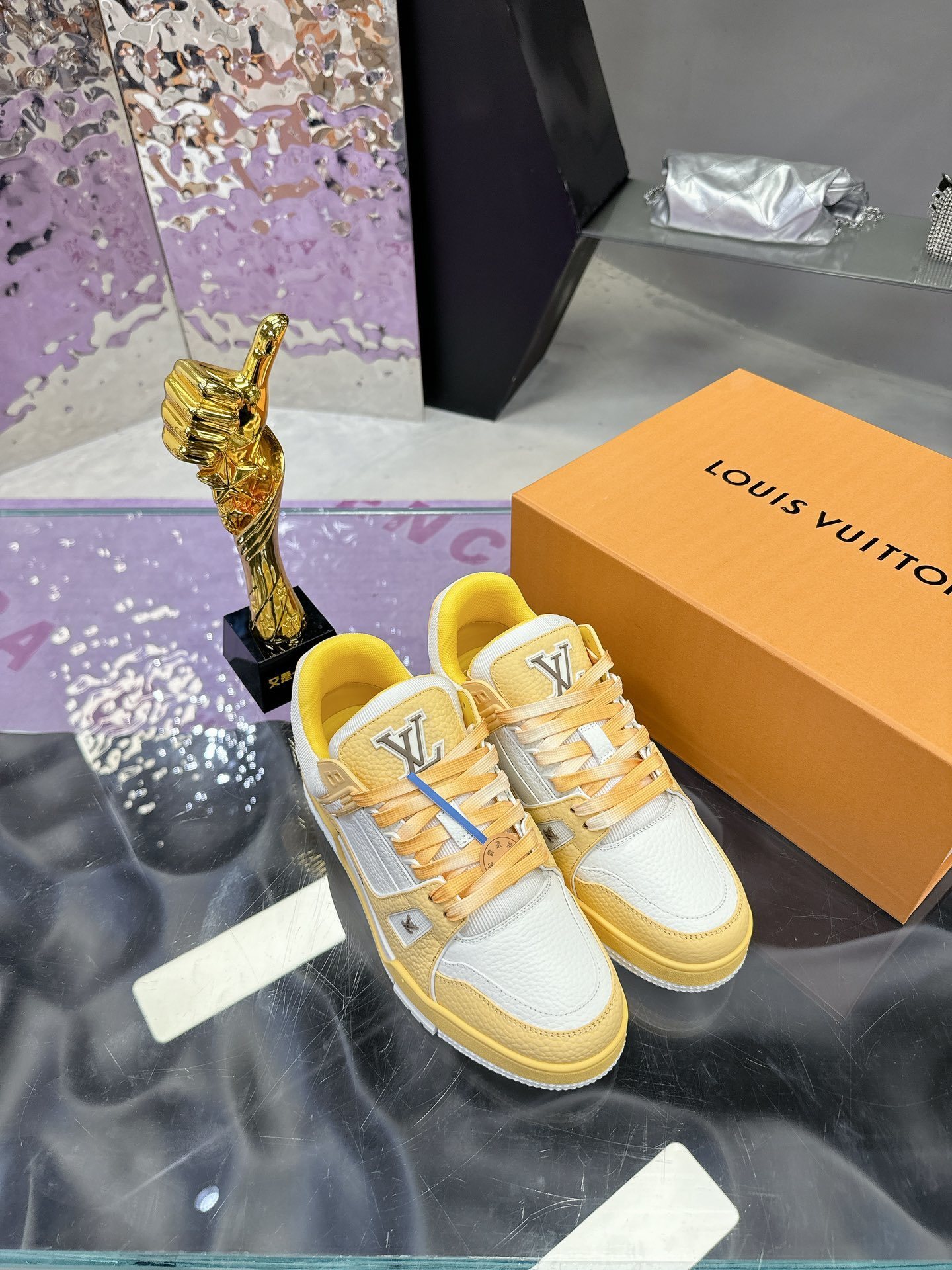 Louis Vuitton LV Trainer Sneaker Yellow White Grained Leather