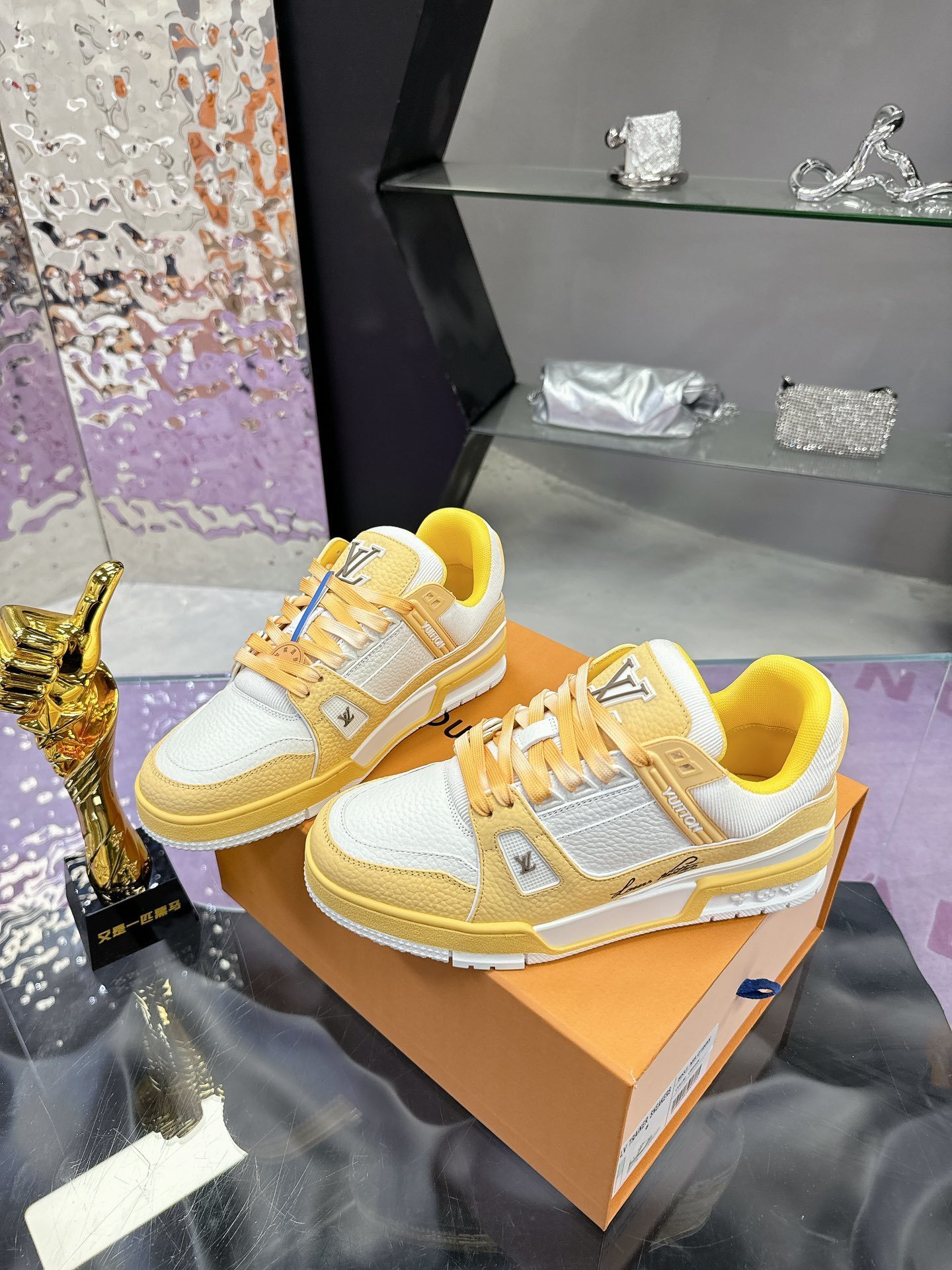 Louis Vuitton LV Trainer Sneaker Yellow White Grained Leather