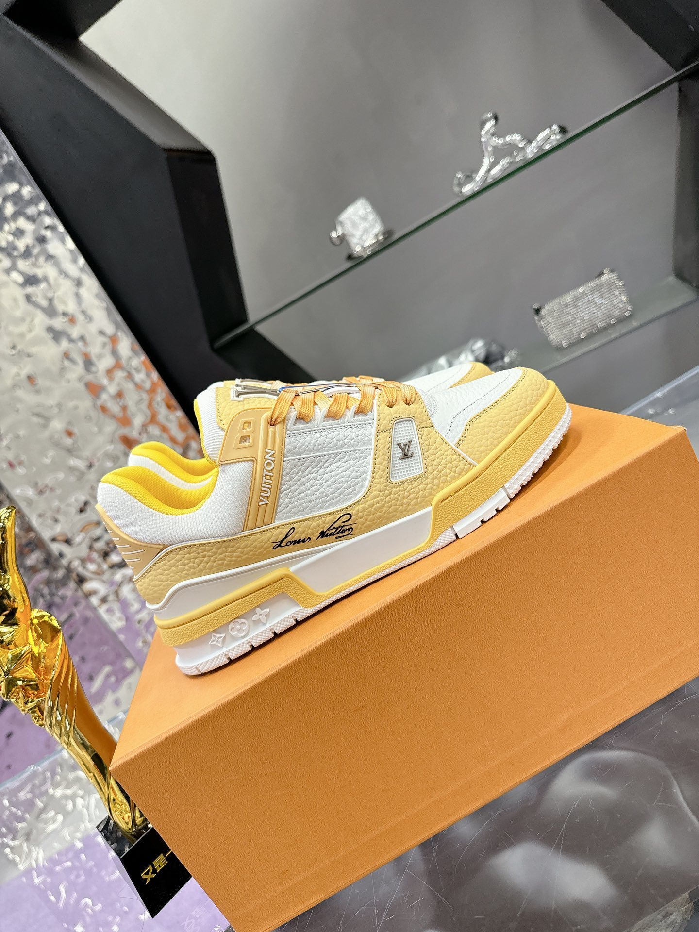Louis Vuitton LV Trainer Sneaker Yellow White Grained Leather